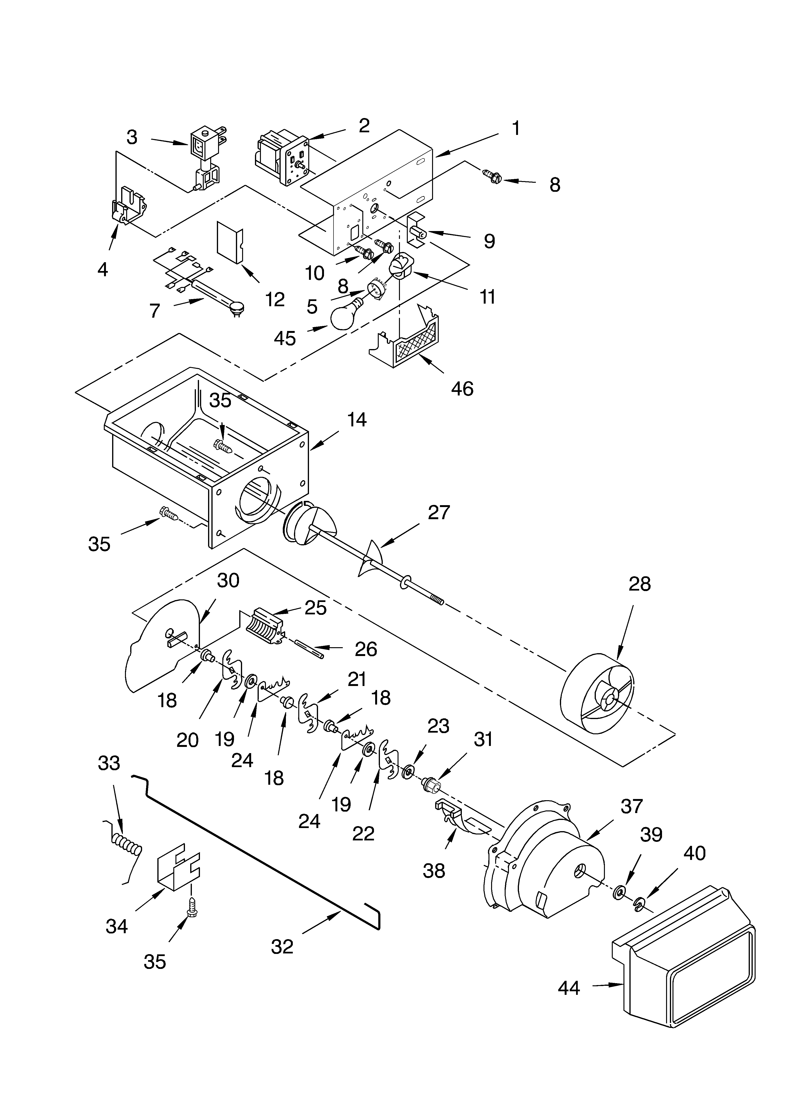 Whirlpool 4YGD25DCHT02 motor and ice container diagram