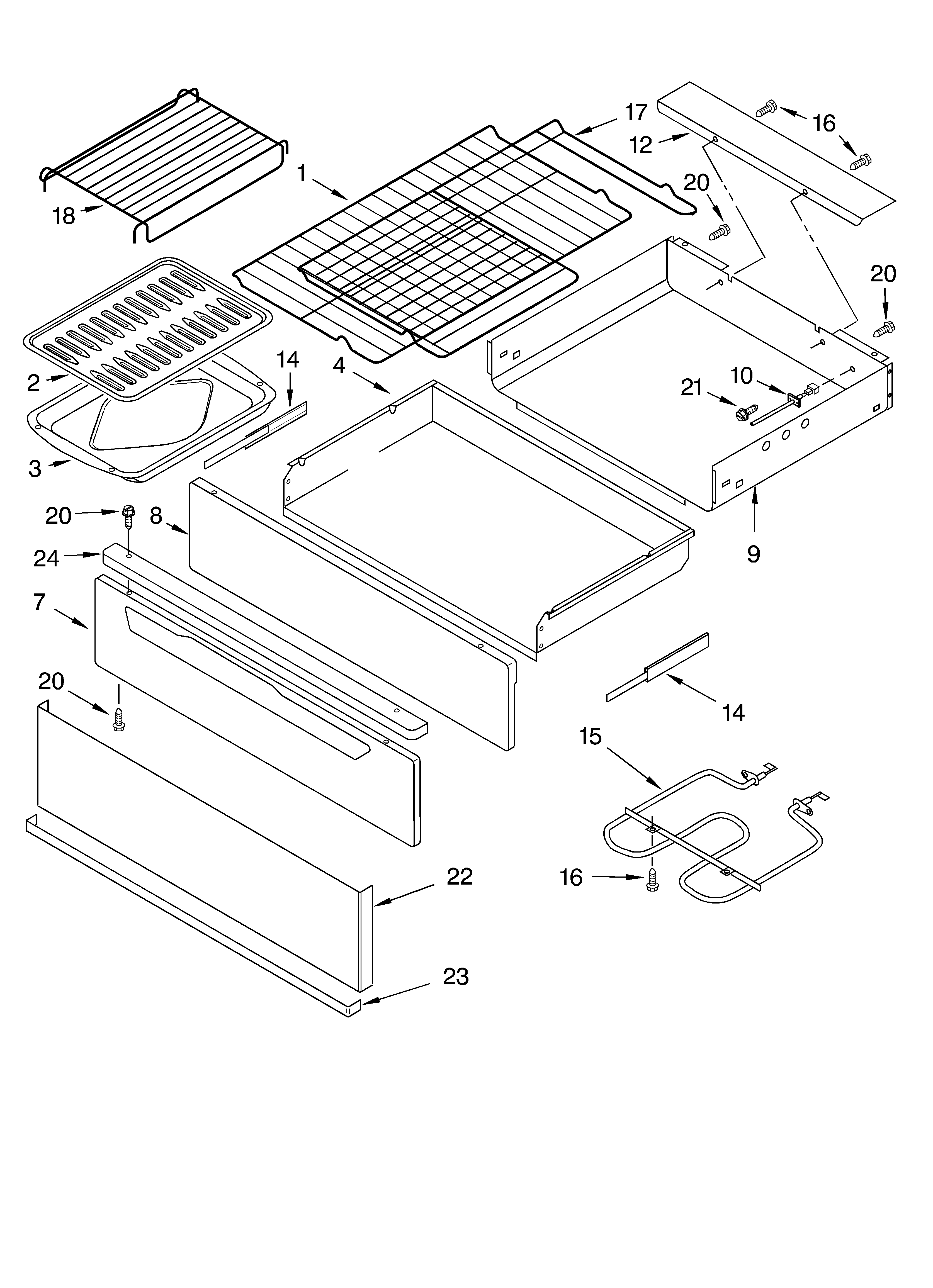 Whirlpool GR475LXLS0 drawer and broiler diagram