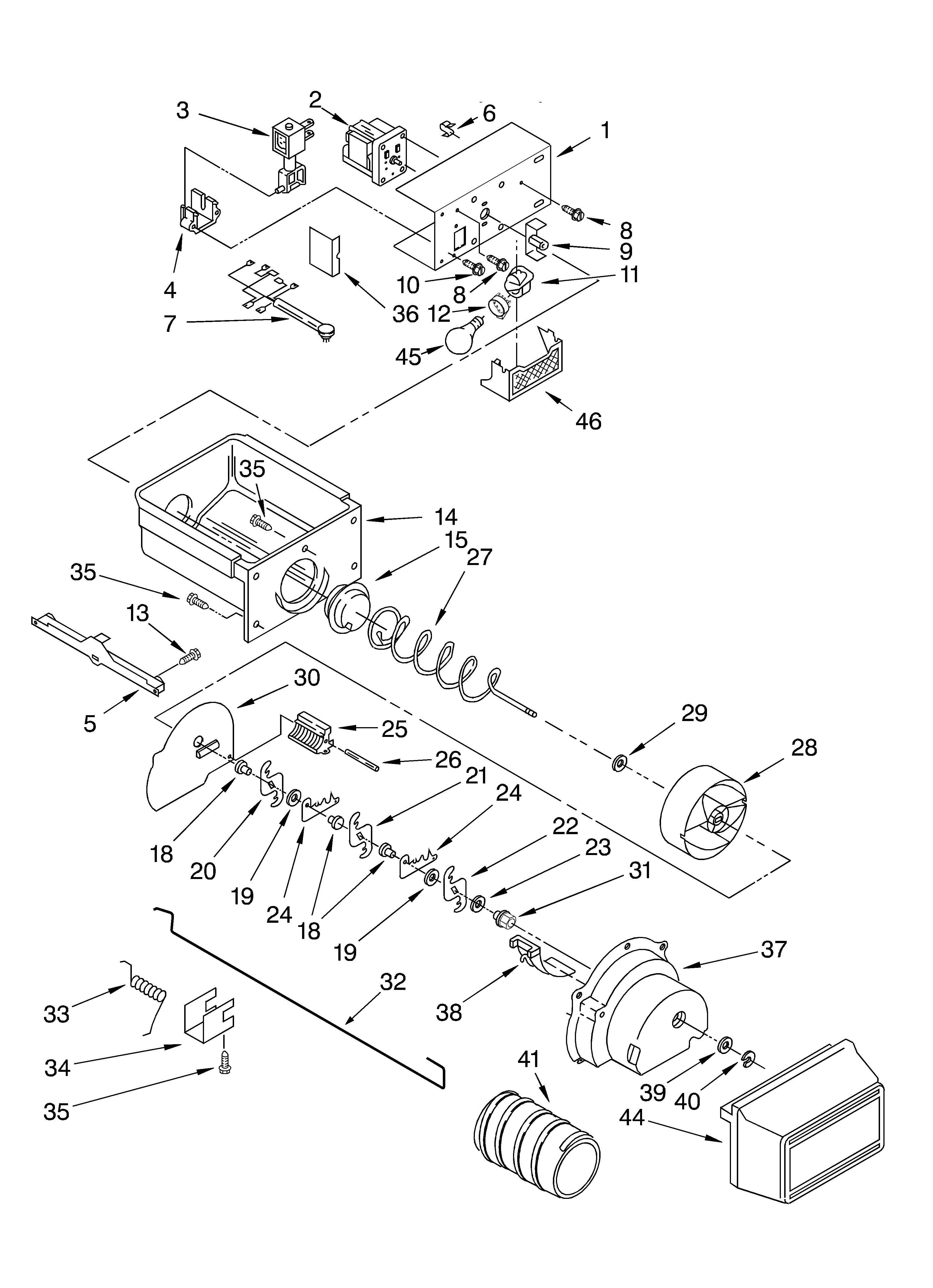 Whirlpool 4YED22PQFN03 motor and ice container diagram