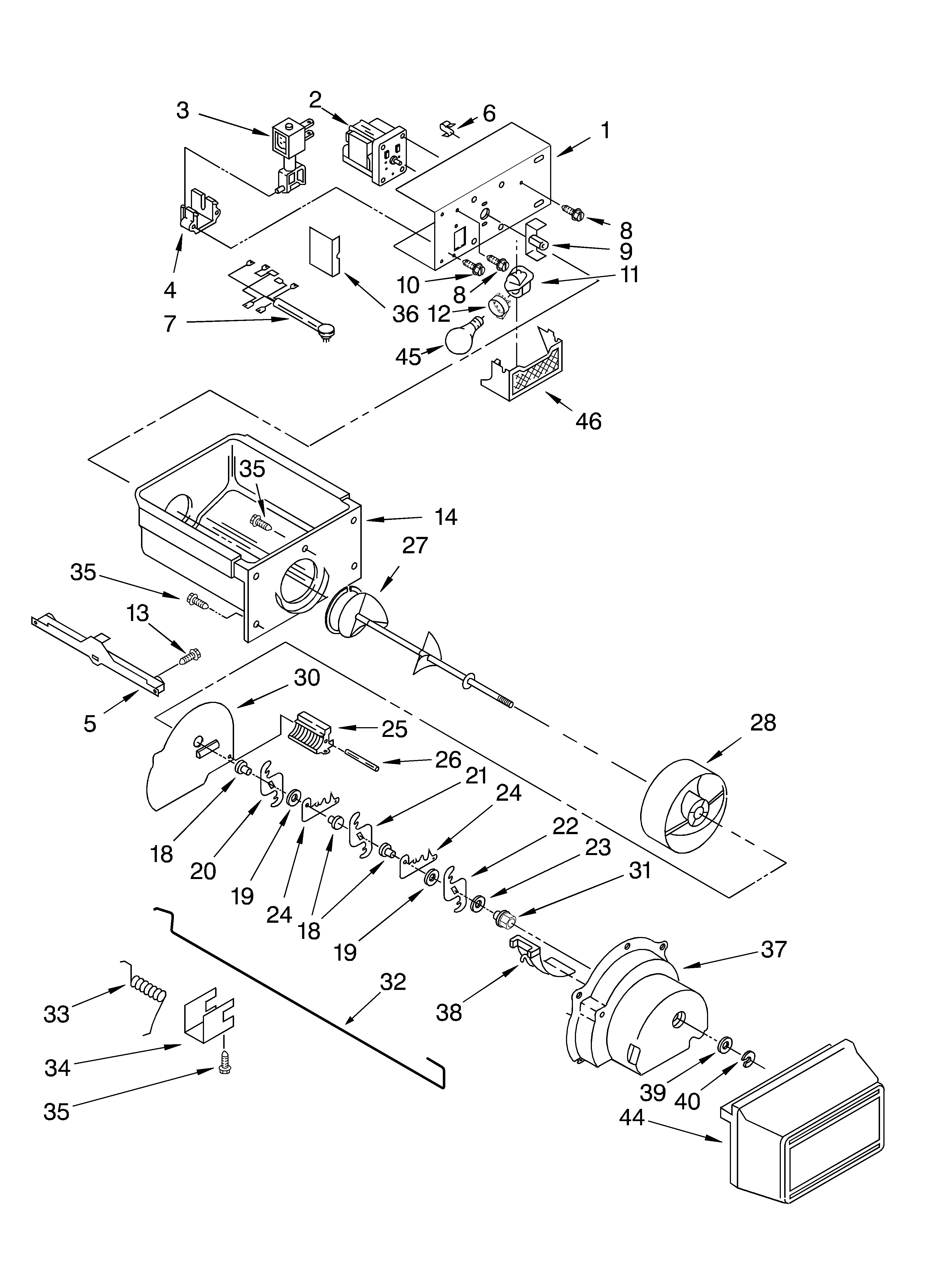 Whirlpool 4YED22PQFN04 motor and ice container diagram