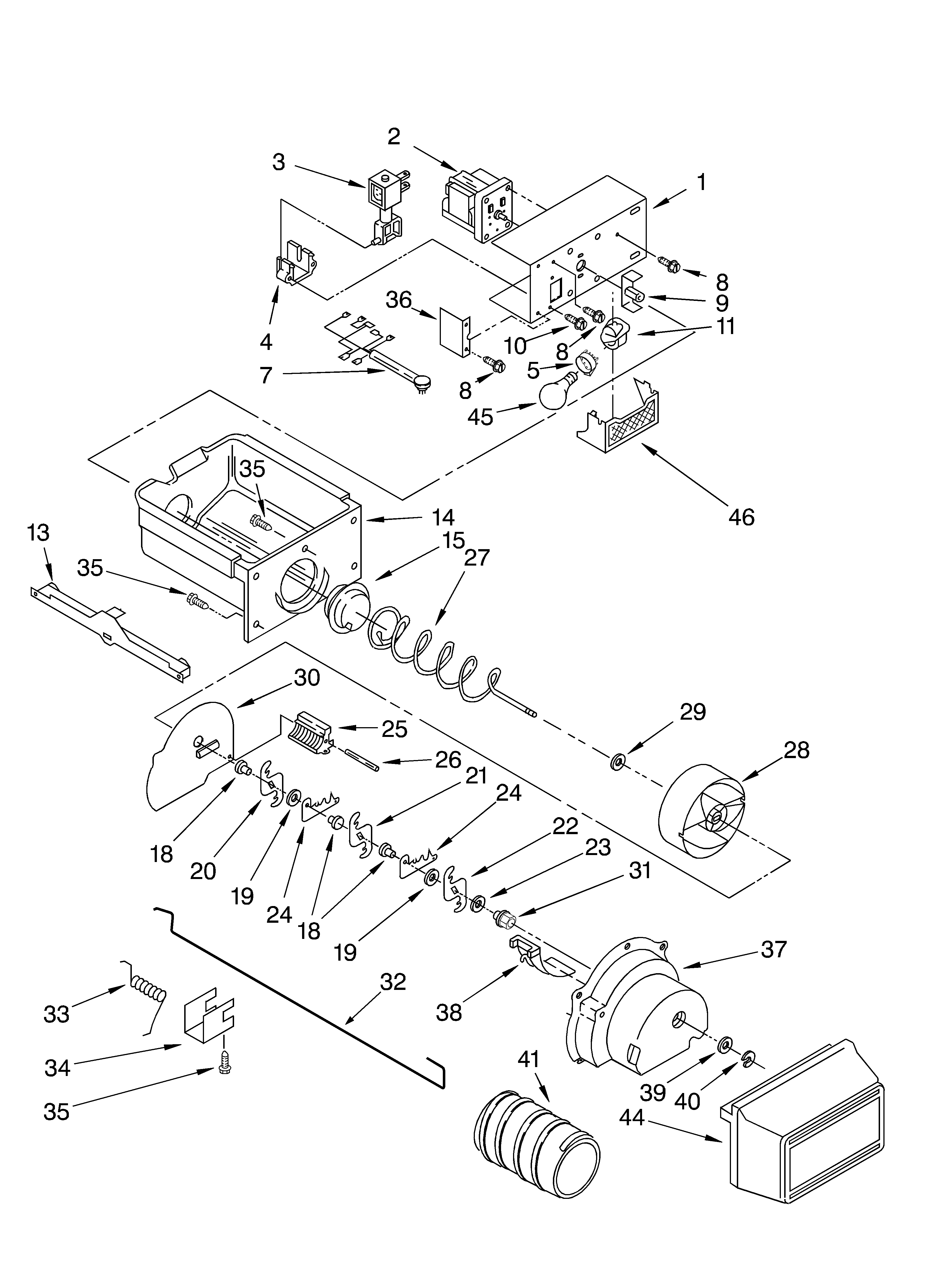 Whirlpool 3KART730GW01 motor and ice container diagram