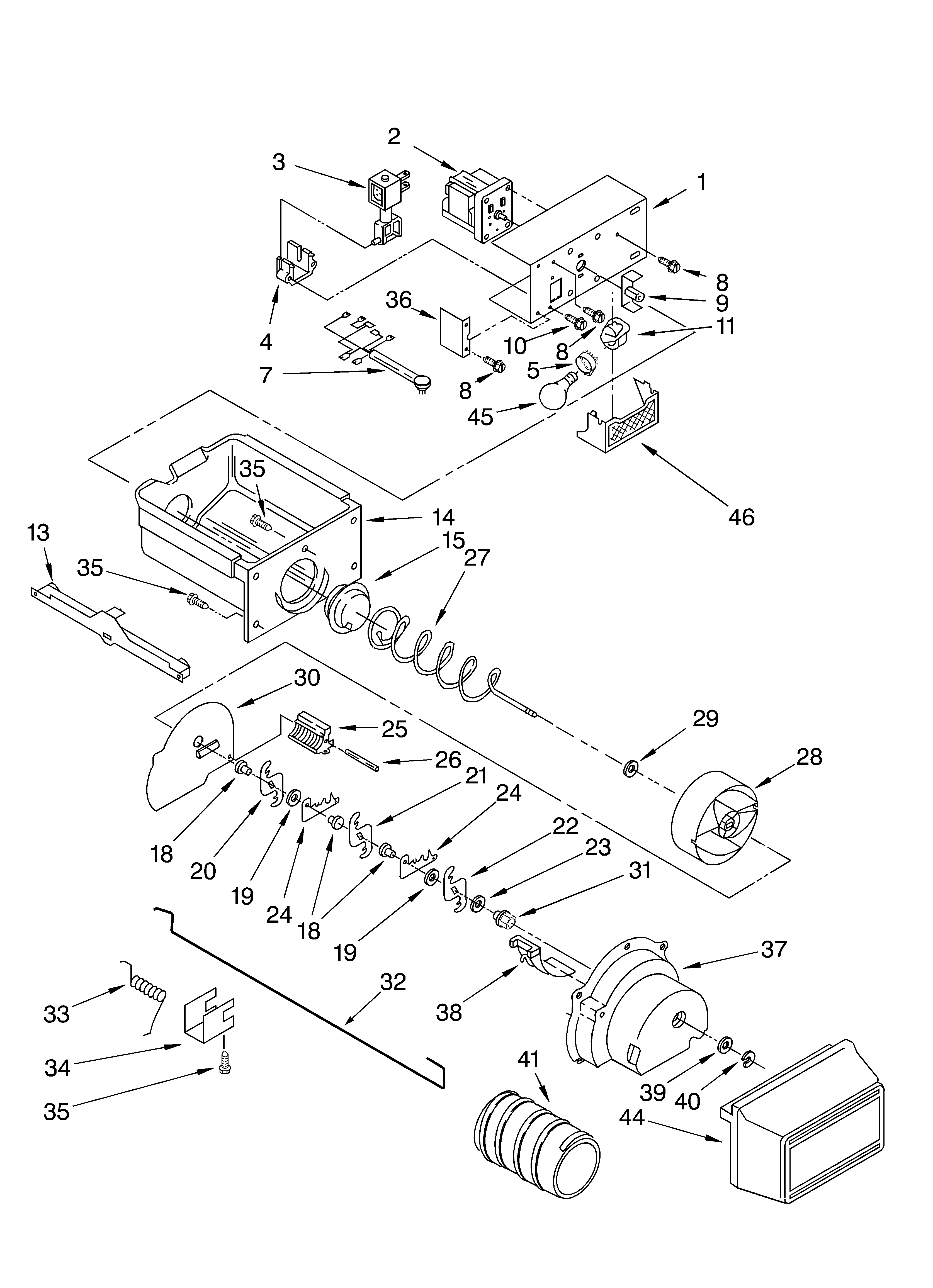 Whirlpool 3XART731GB01 motor and ice container diagram