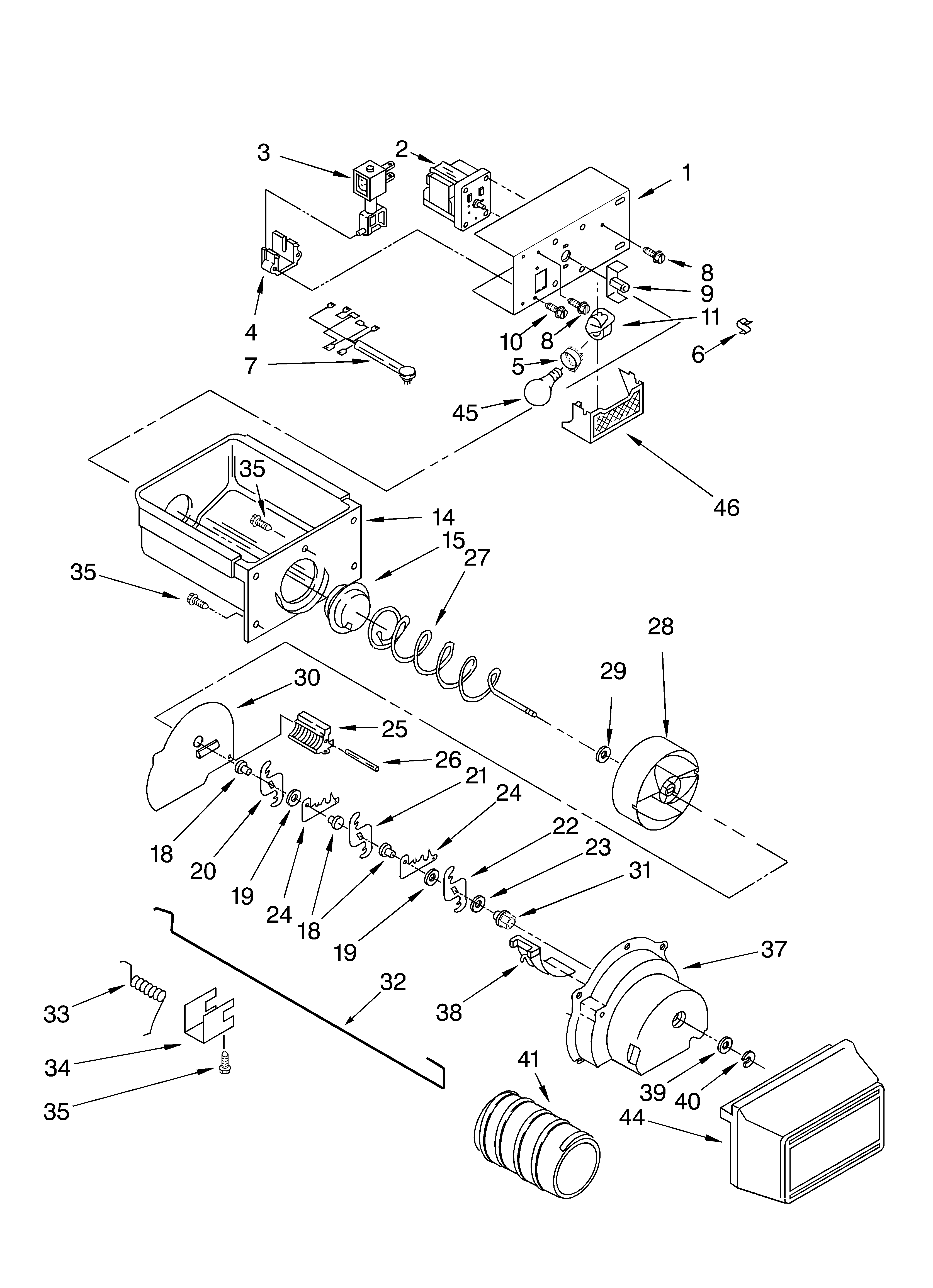 Whirlpool 2VGD23DQFW00 motor and ice container diagram
