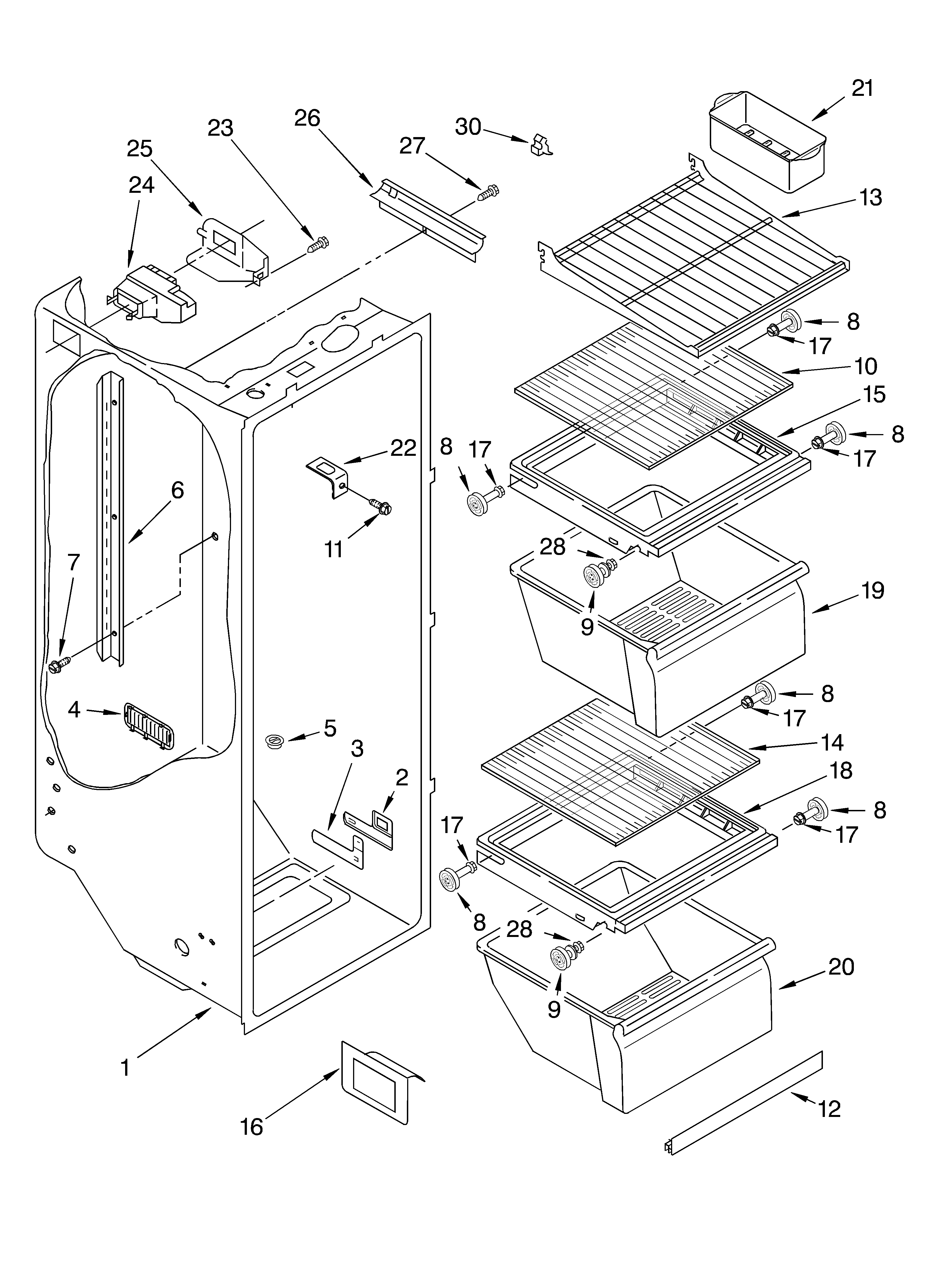 Whirlpool 2VED21ZKFN01 refrigerator liner diagram