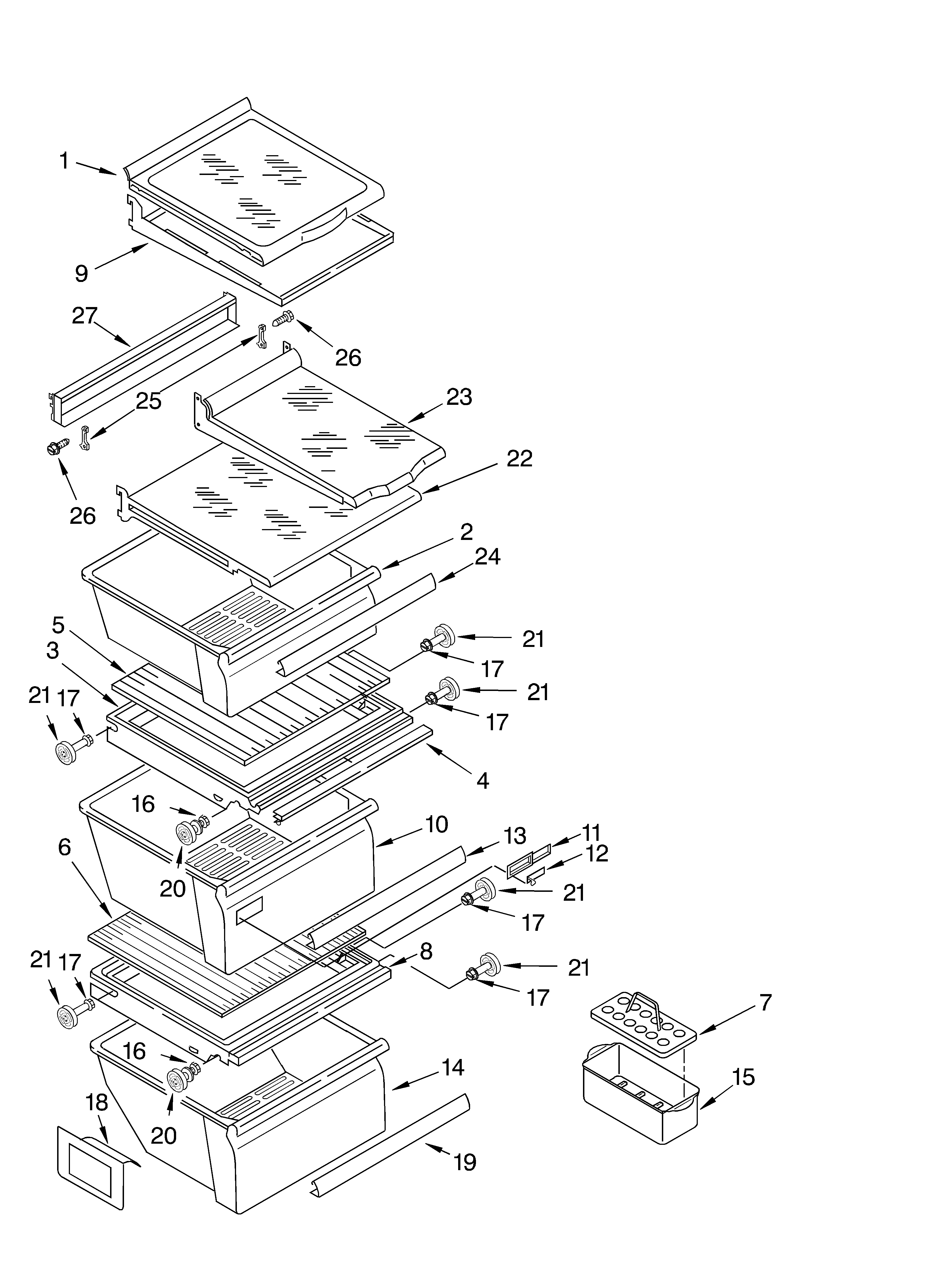 Whirlpool 2VGD27DQFN01 refrigerator shelf diagram