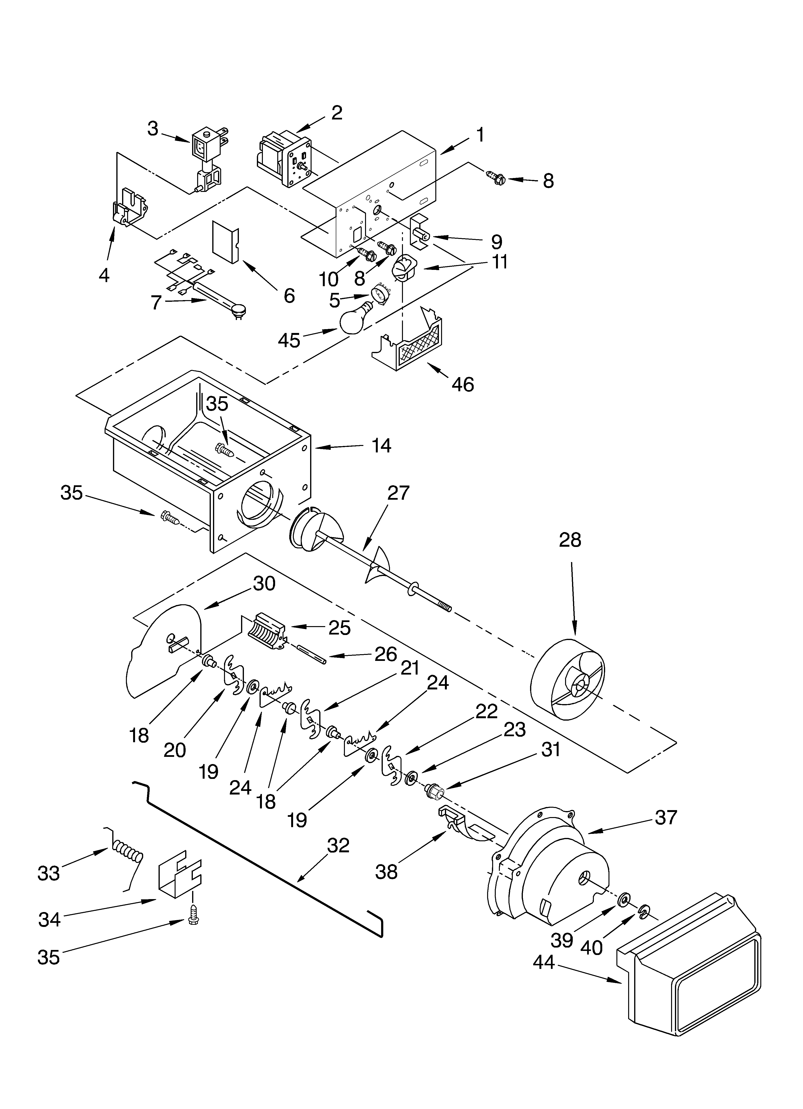 Whirlpool 2VGD27DQFN01 motor and ice container diagram
