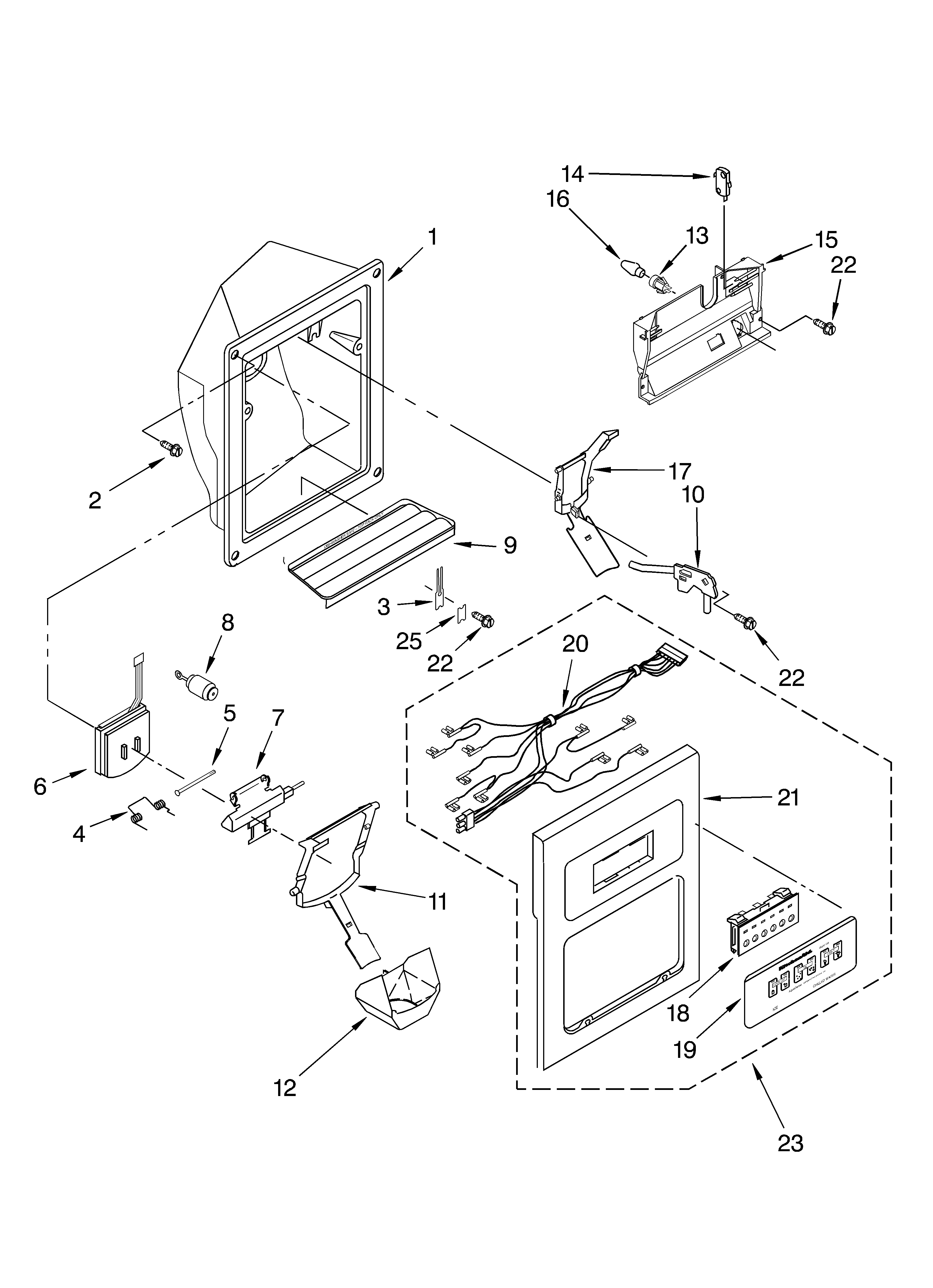 KitchenAid KSRG27FKBT04 dispenser front diagram