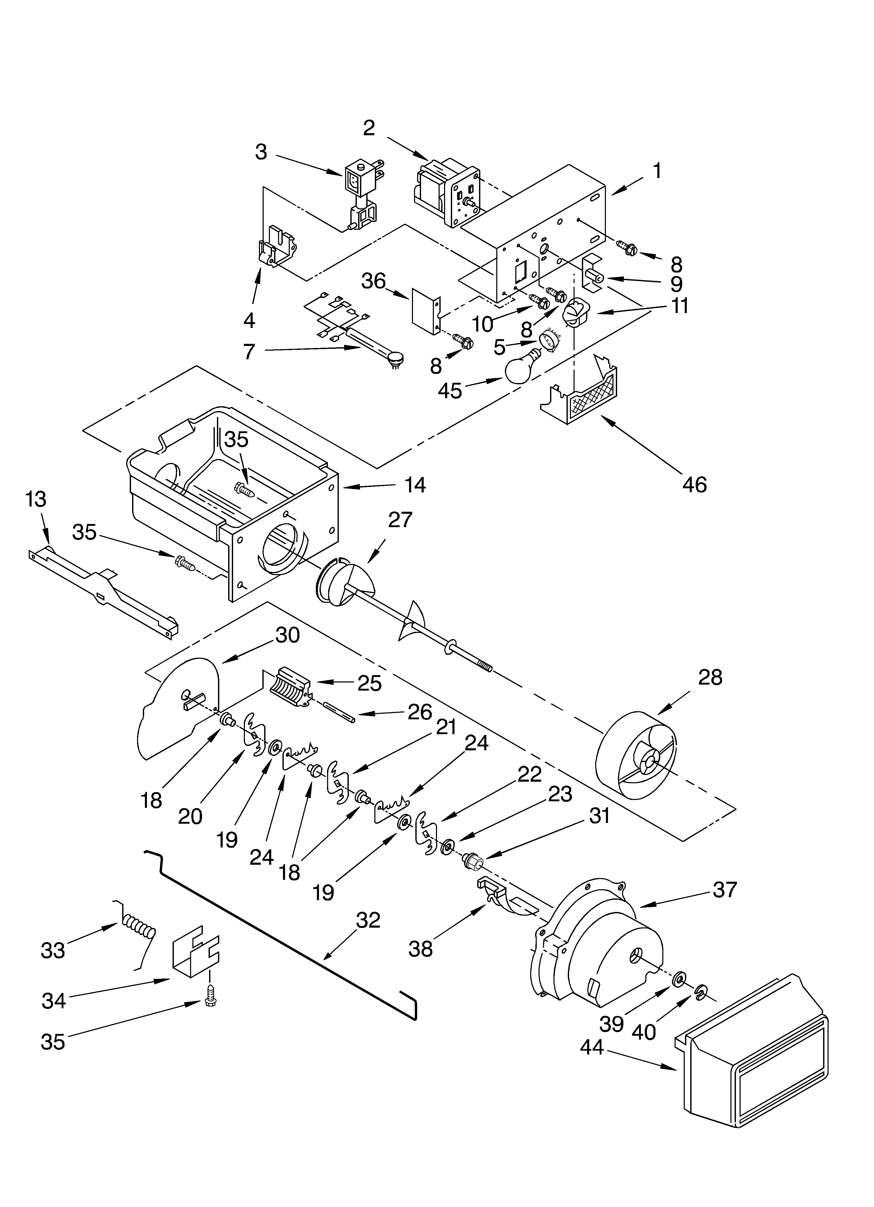Whirlpool 3XED0FHQKB00 motor and ice container diagram