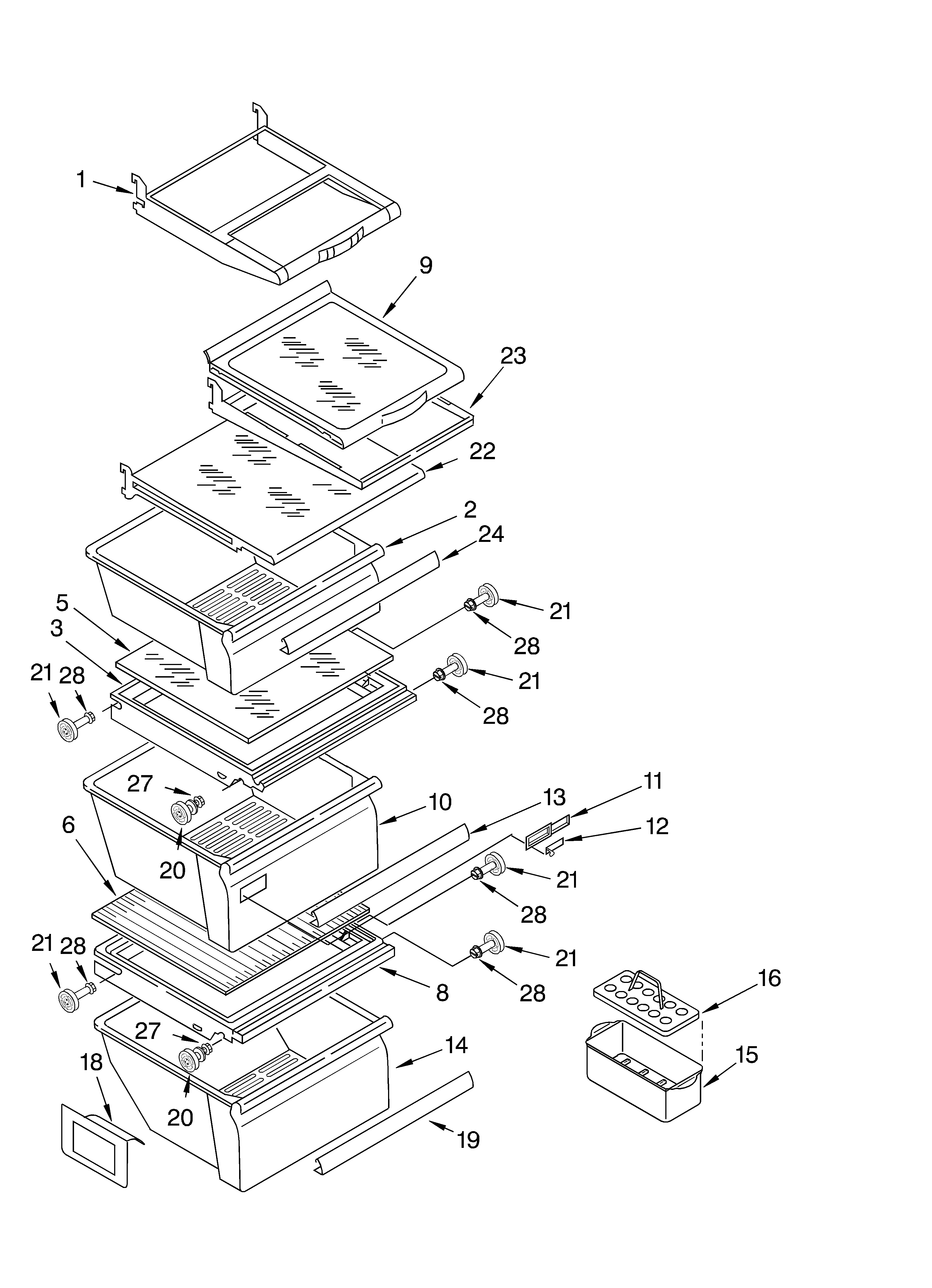 Whirlpool 3XART745GW02 refrigerator shelf diagram
