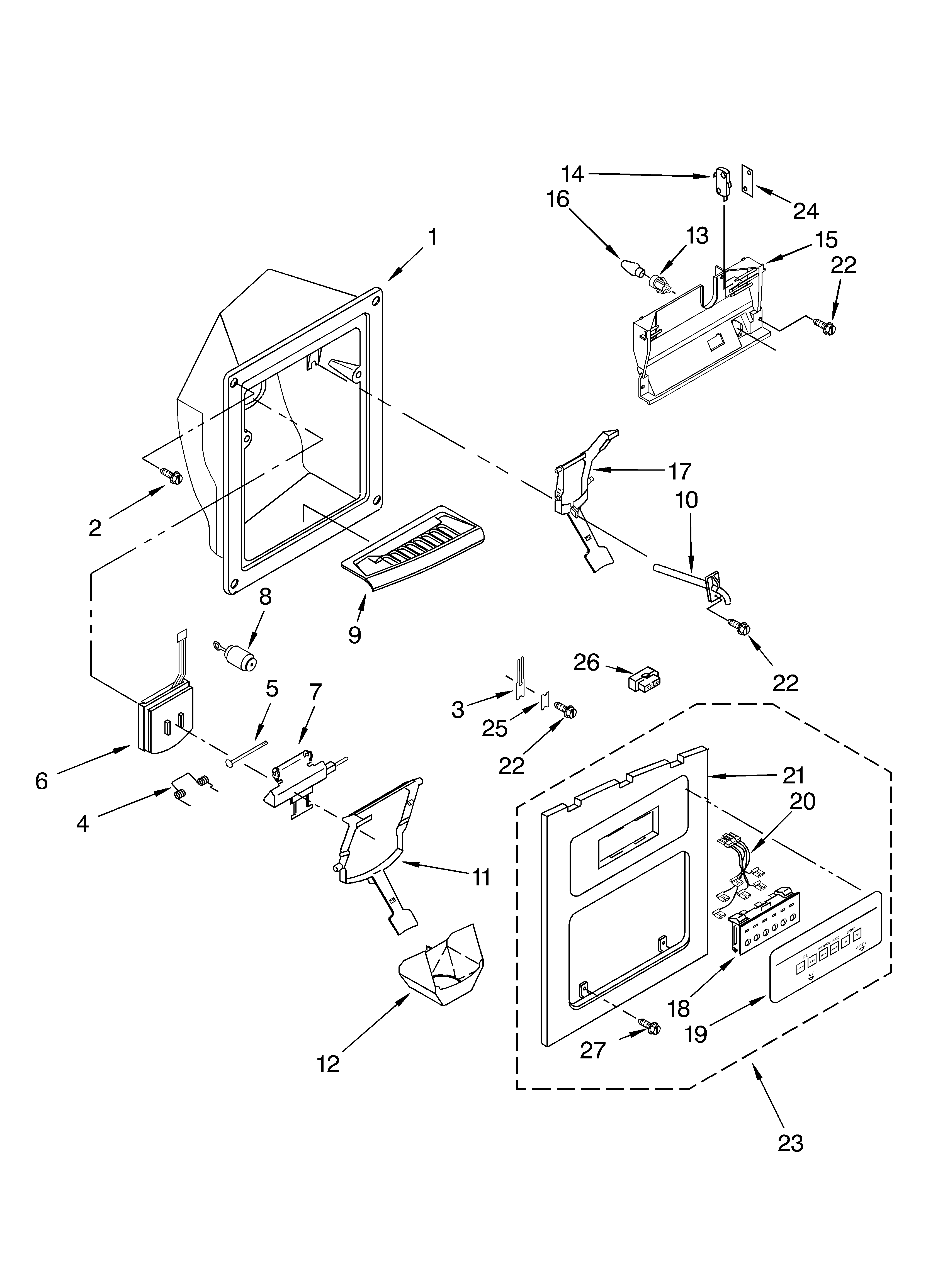 Whirlpool 4YGD25DCHW01 dispenser front diagram