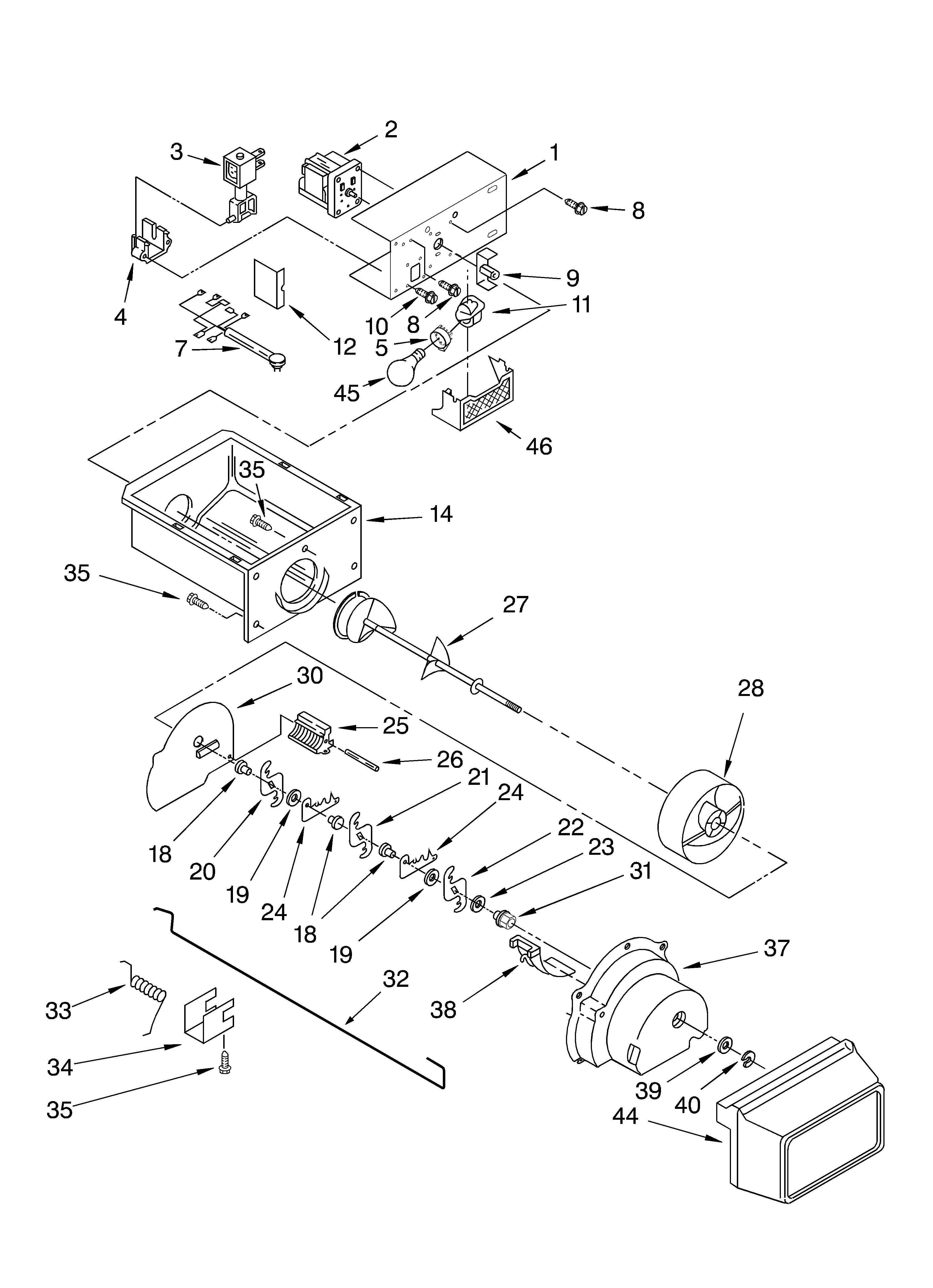 Whirlpool 4YGD27DCHW00 motor and ice container diagram