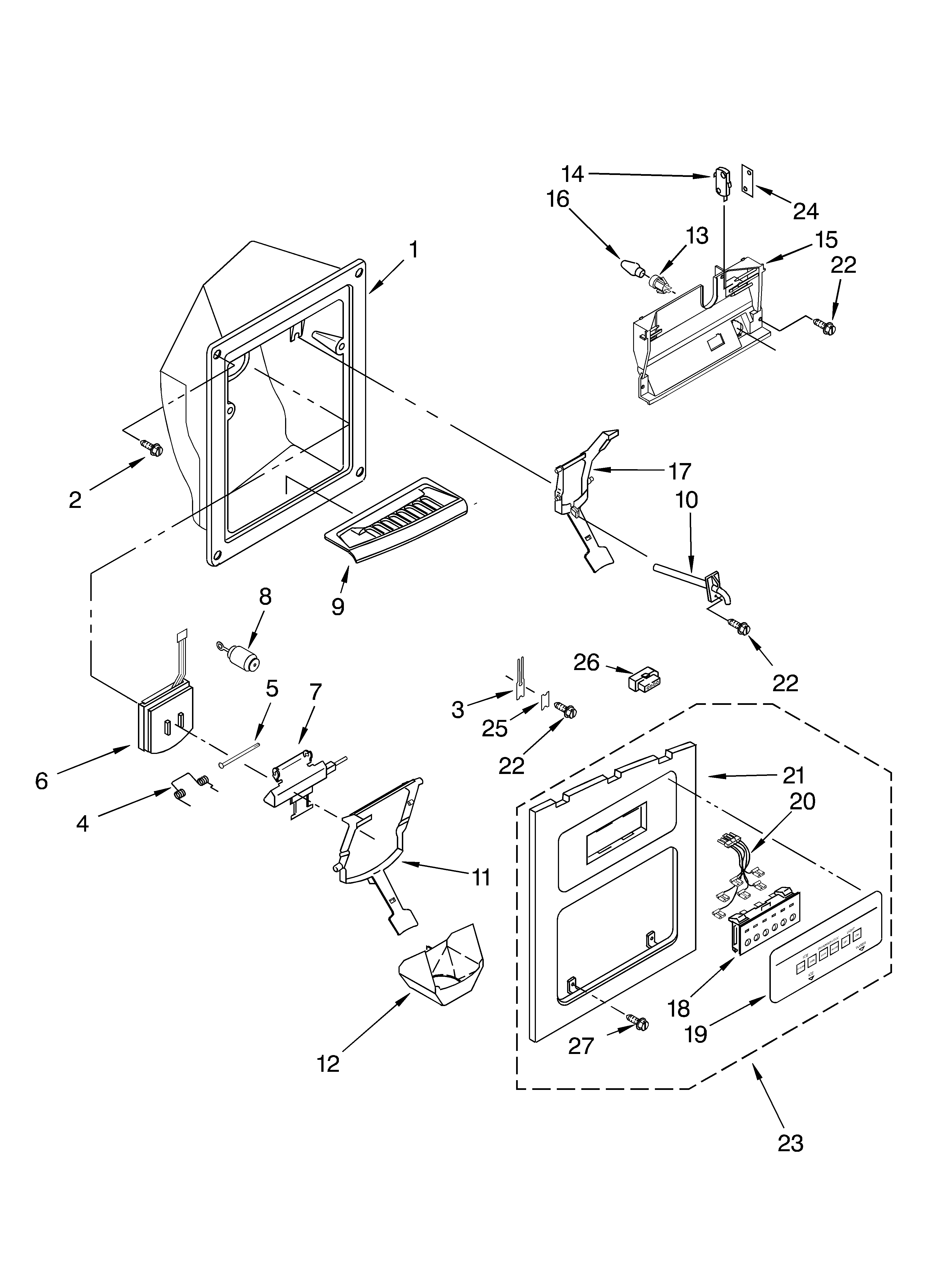 Whirlpool 4YGD27DCHW00 dispenser front diagram
