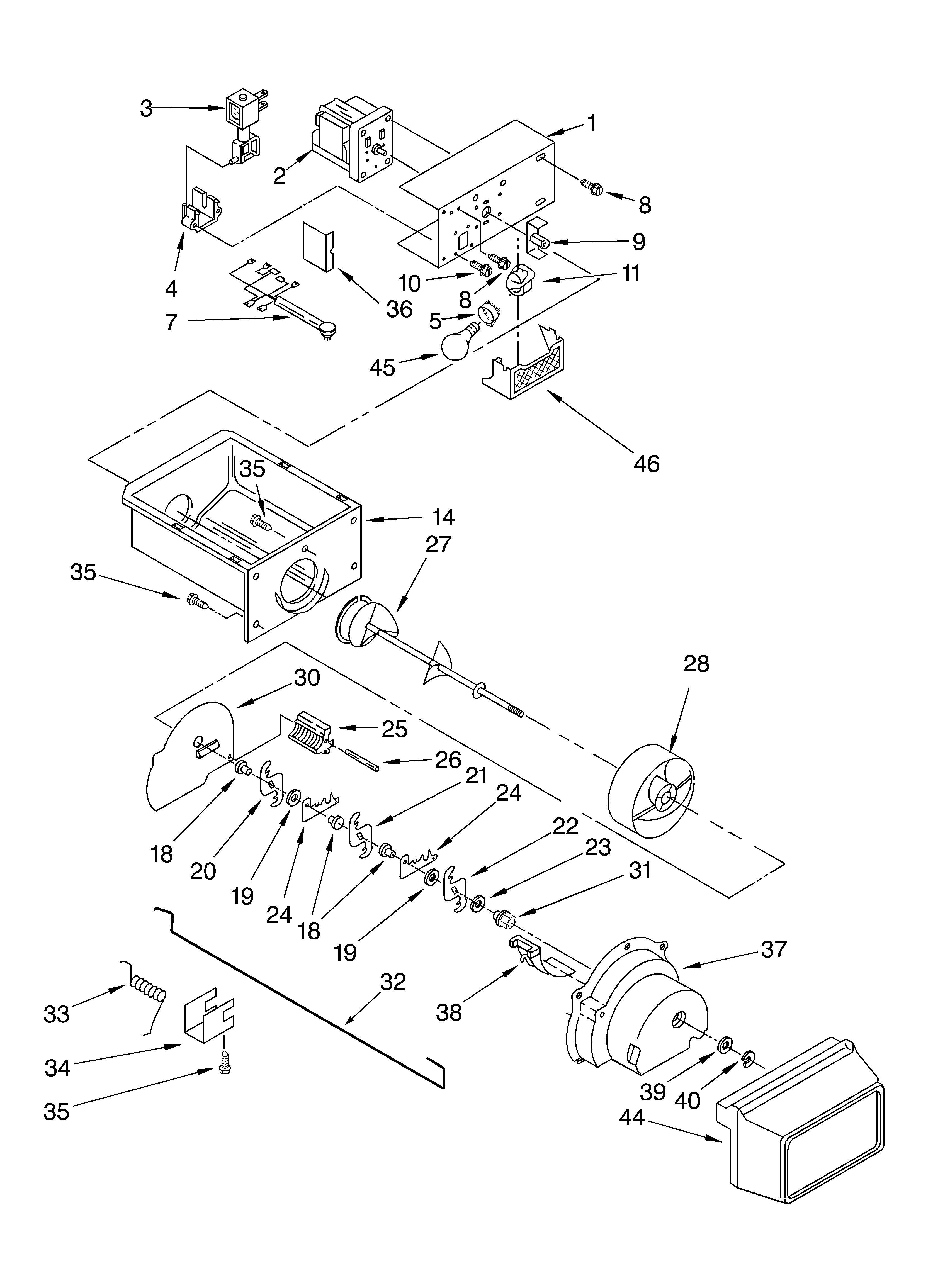 Whirlpool 5VGS7SHGKQ00 motor and ice container diagram