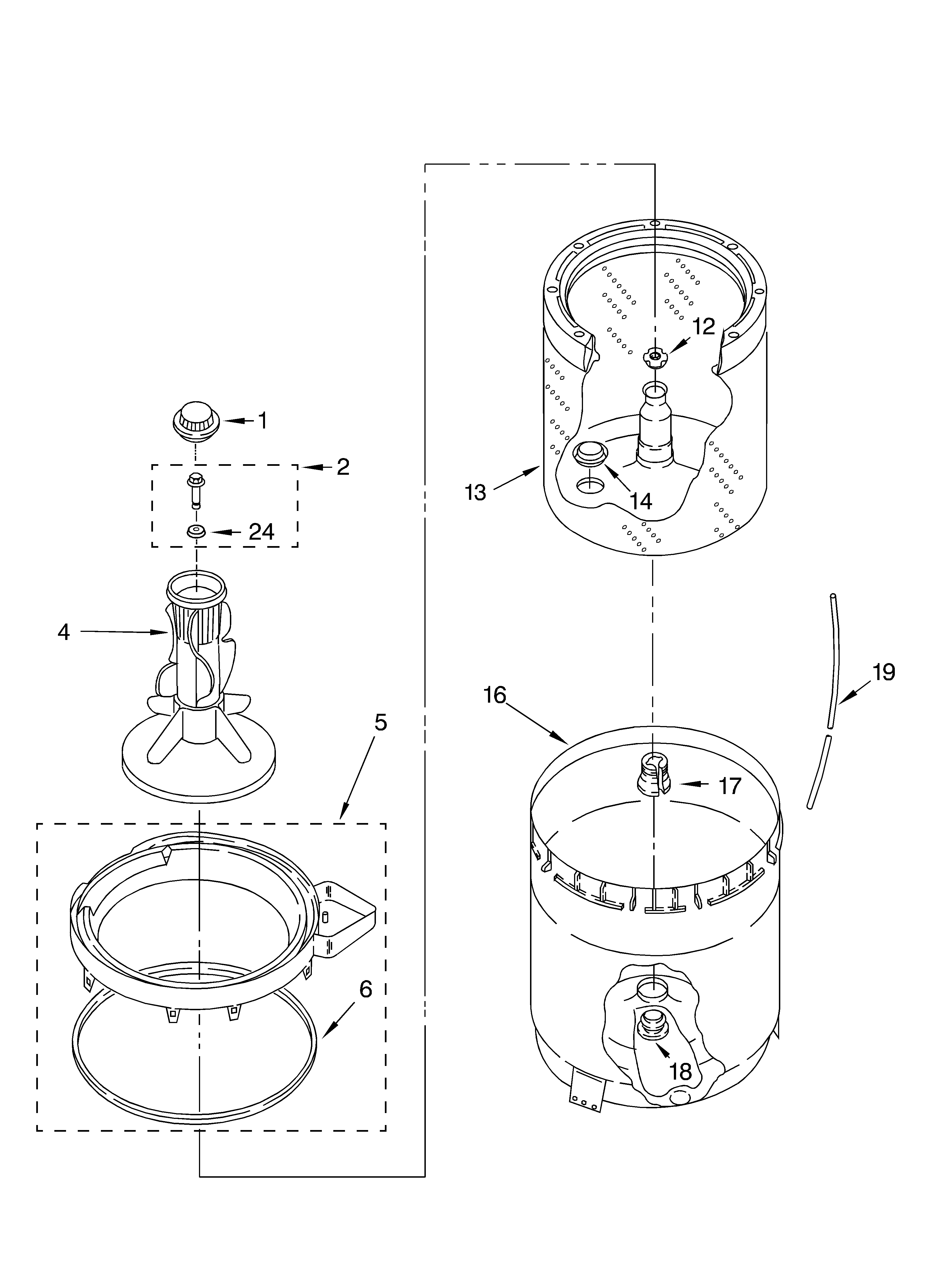 Whirlpool 7MLSR6232JT3 agitator, basket and tub parts diagram