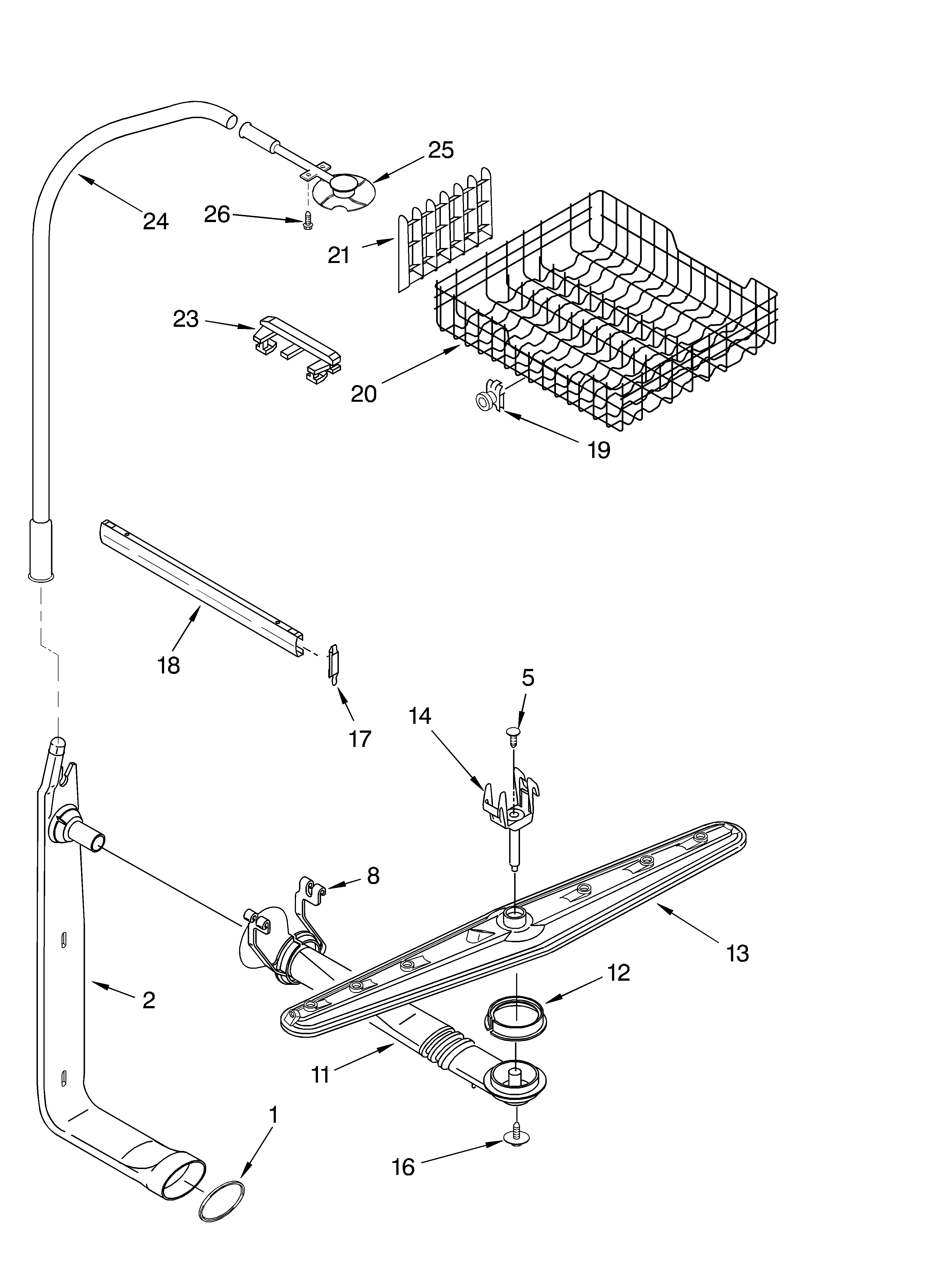 Whirlpool DUL200PKT1 upper dishrack and water feed parts diagram