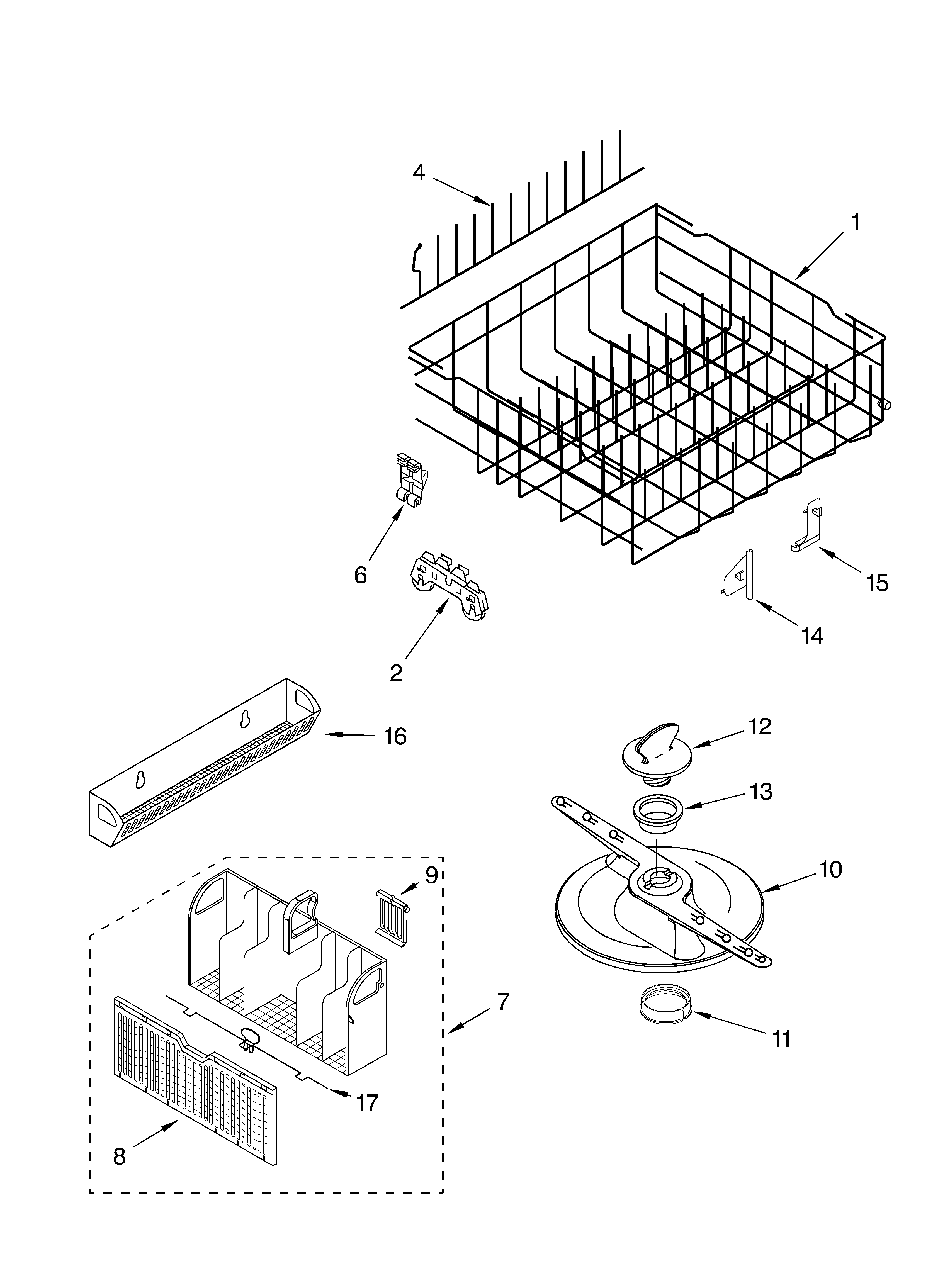 Whirlpool DUL200PKT1 lower dishrack parts diagram