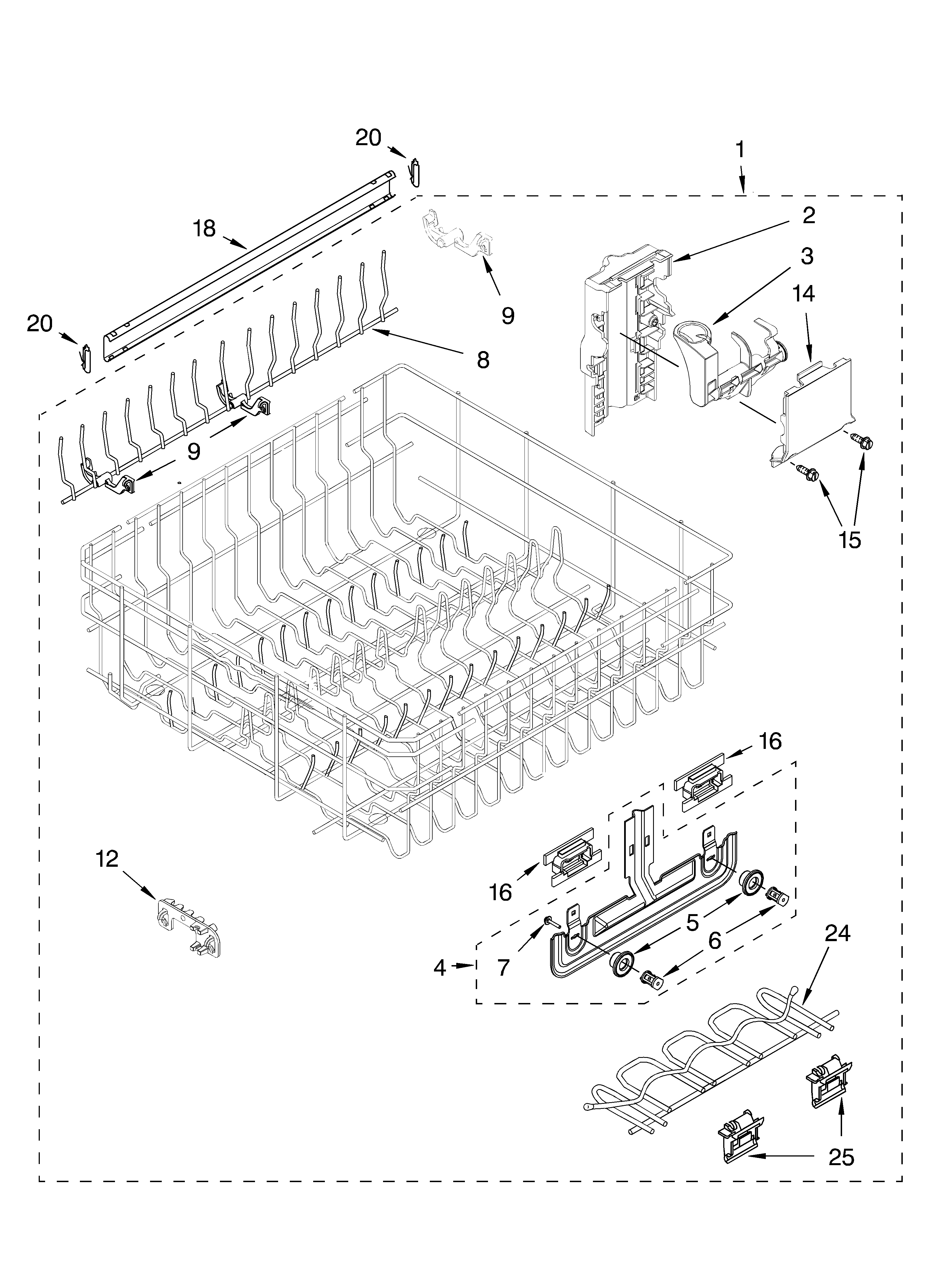 Whirlpool GU1500XTLS2 upper rack and track parts diagram
