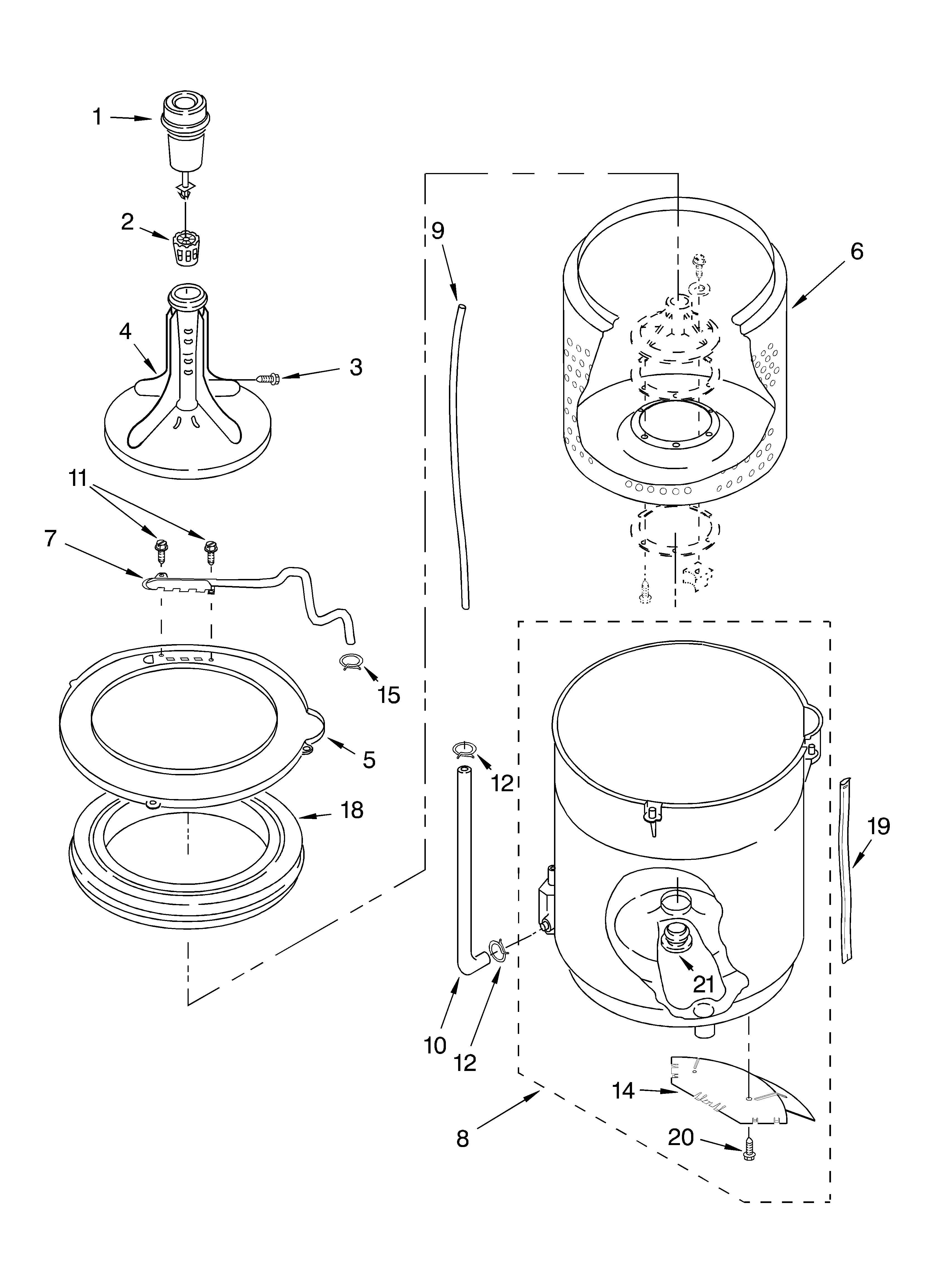 Whirlpool LCR7244HQ2 agitator, basket and tub parts diagram