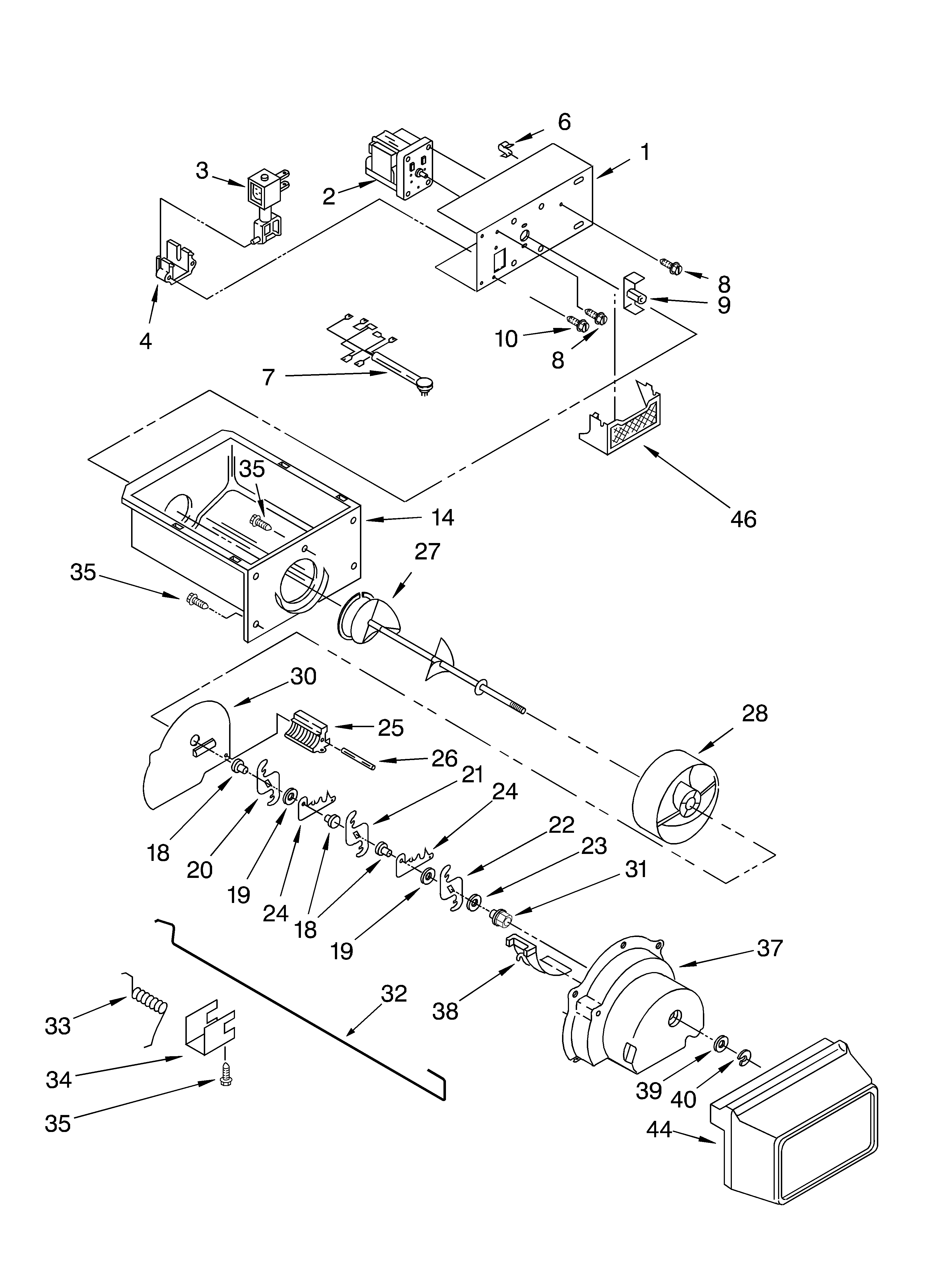 Whirlpool ED2PHEXMT00 motor and ice container parts diagram