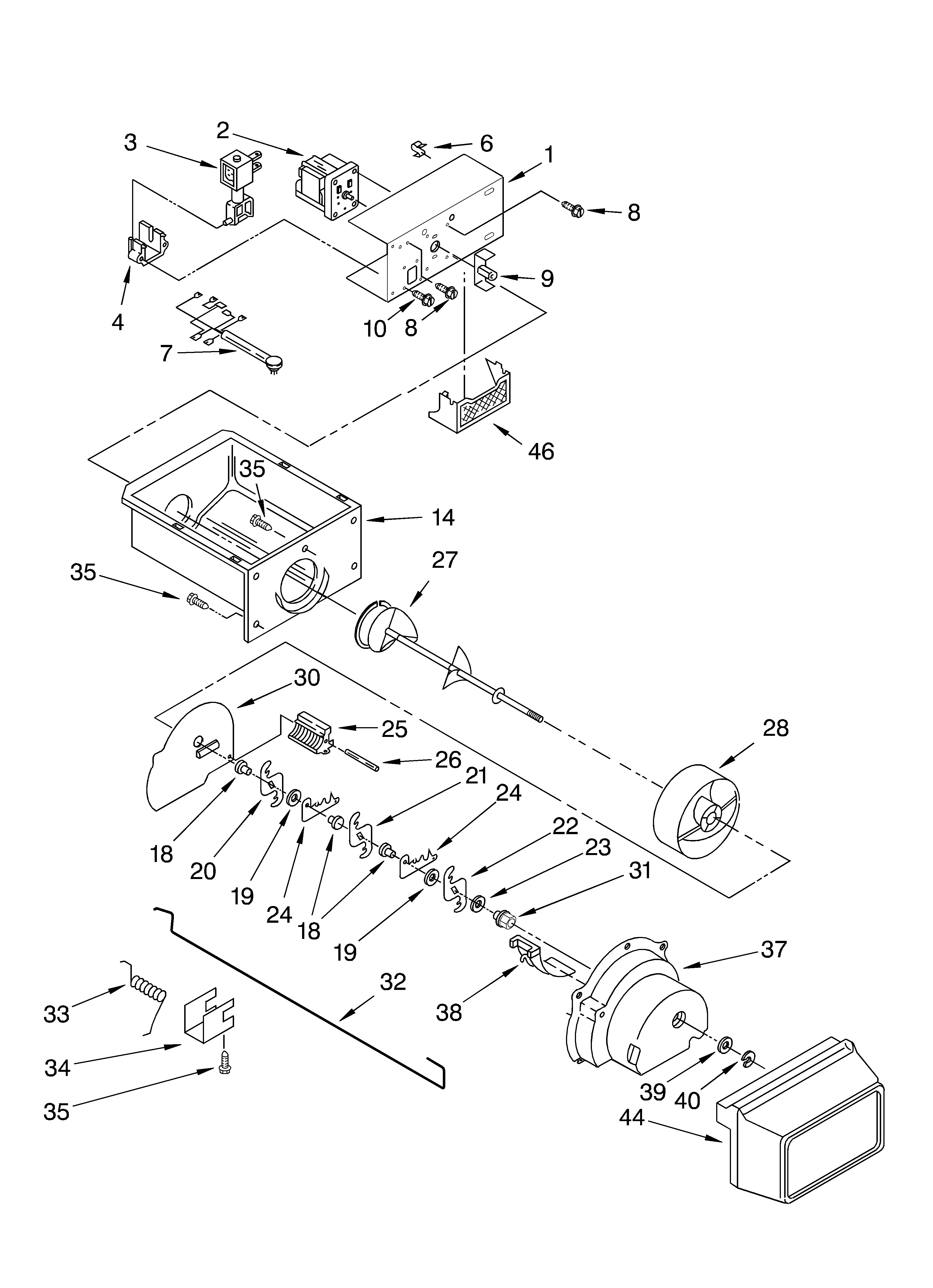 Whirlpool ED5NHEXMQ00 motor and ice container parts diagram