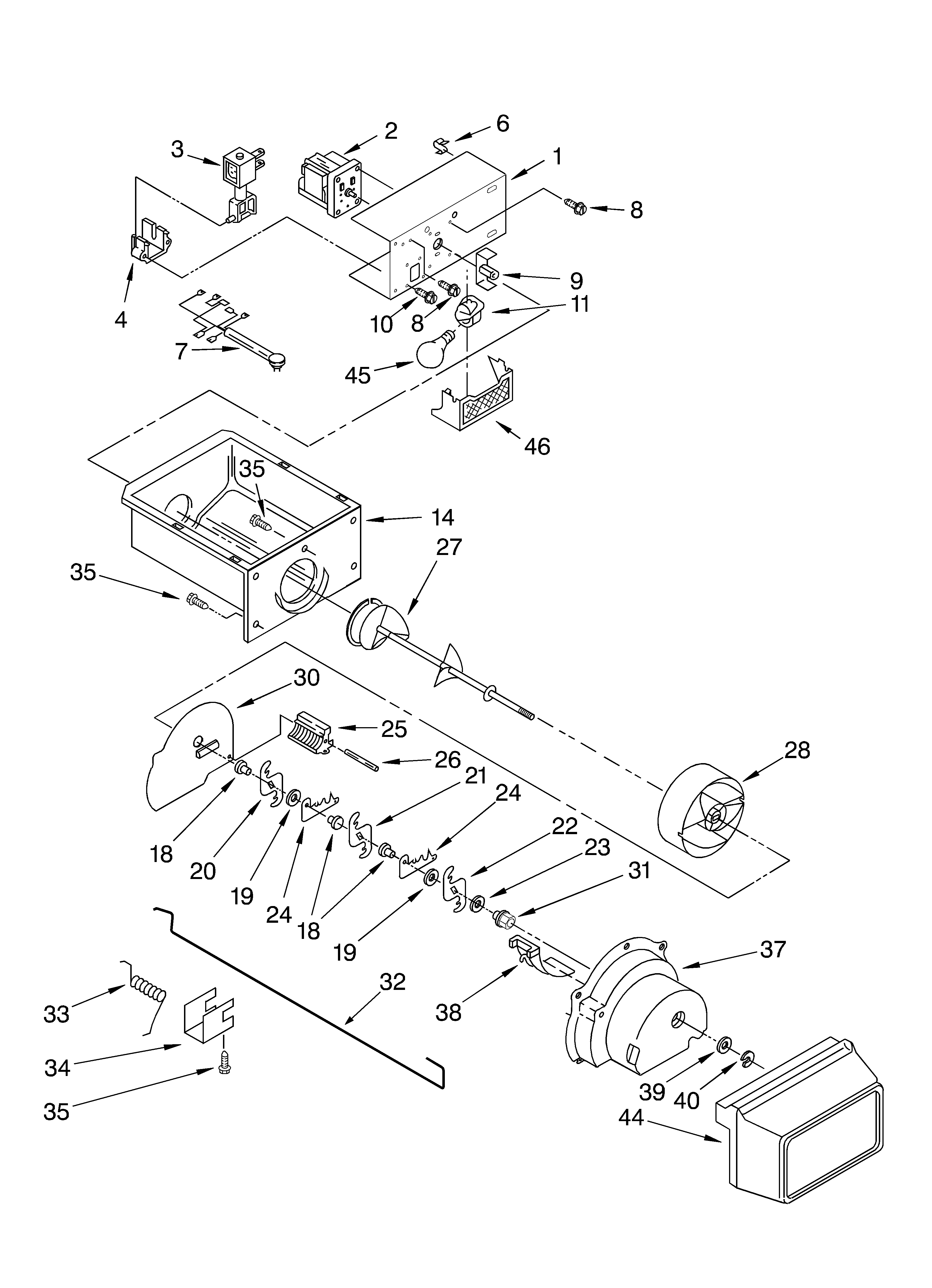 Whirlpool ED5SHGXMQ00 motor and ice container parts diagram