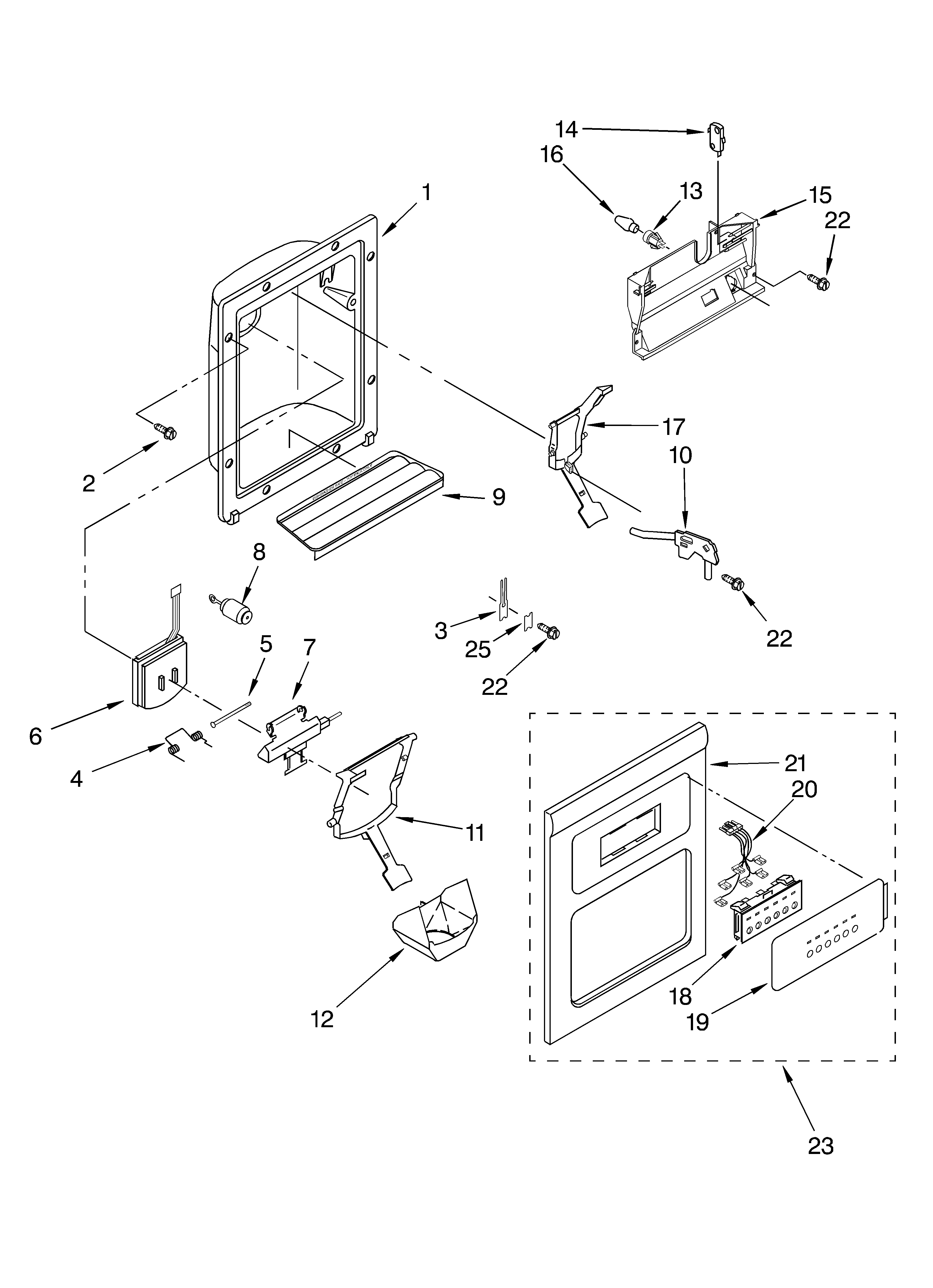 KitchenAid KSRD25FKBL03 dispenser front parts diagram