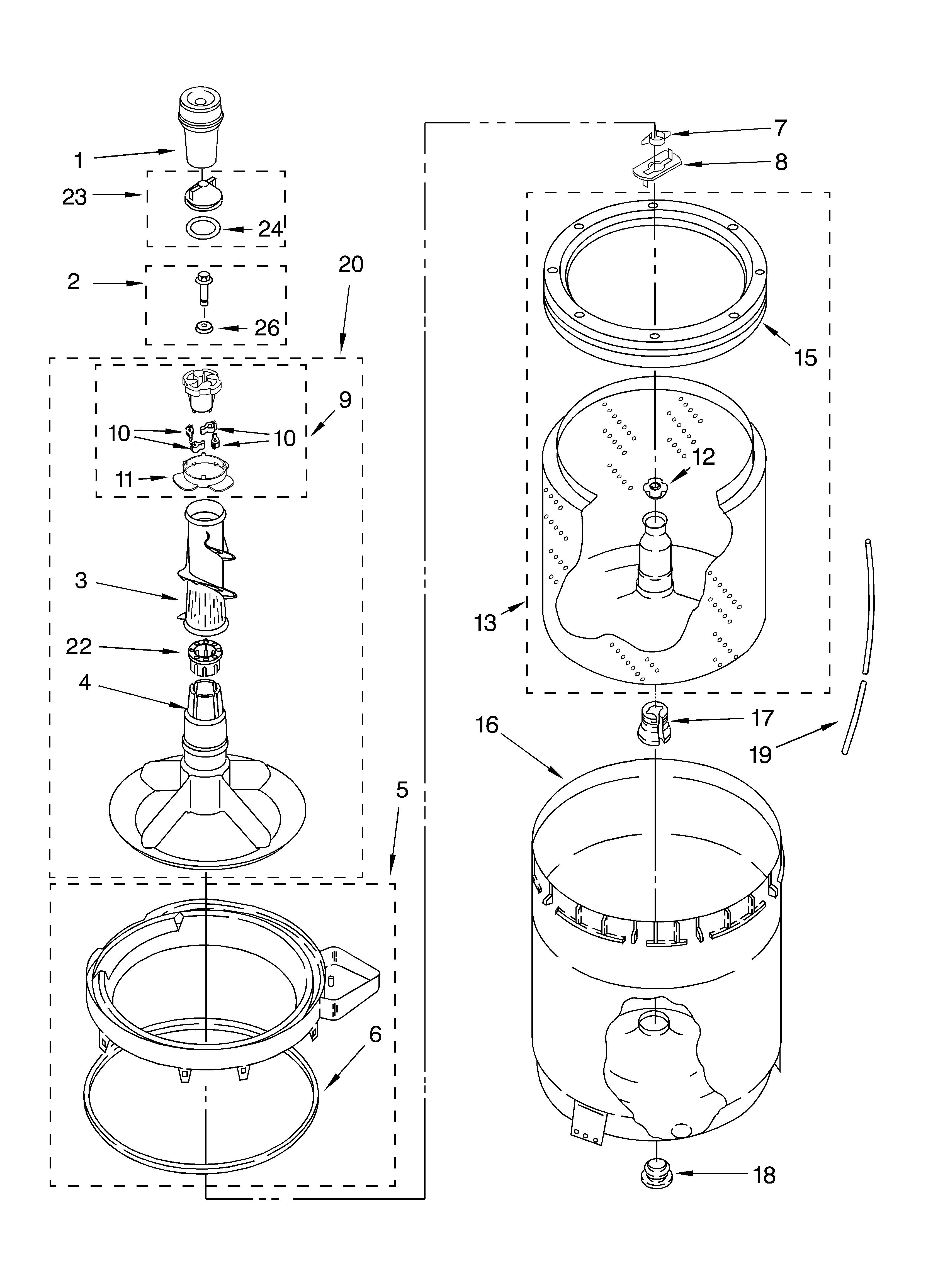 Whirlpool LSQ9659LW1 agitator, basket and tub parts diagram