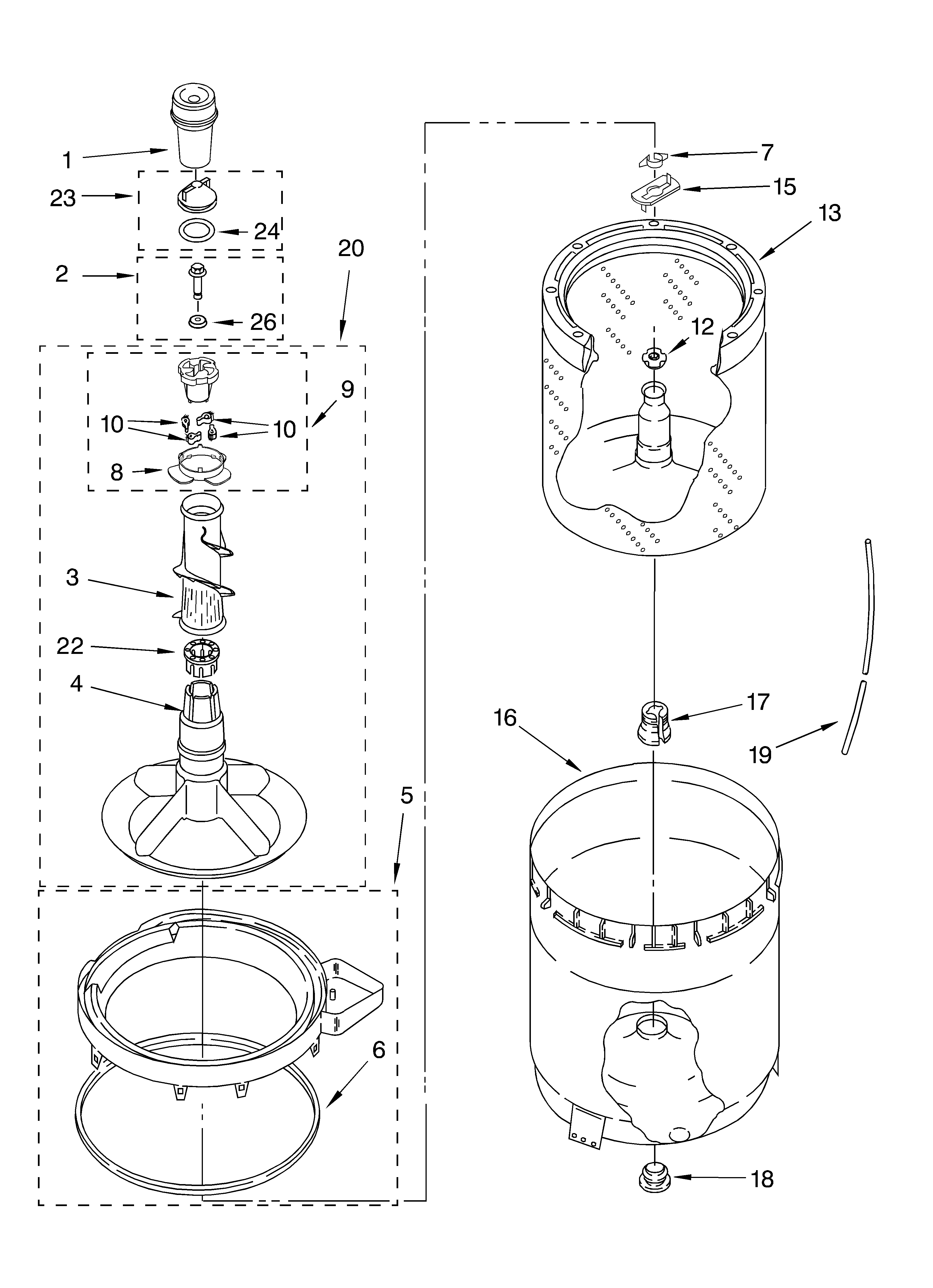 Whirlpool 6ALSC8255JQ2 agitator, basket and tub parts diagram