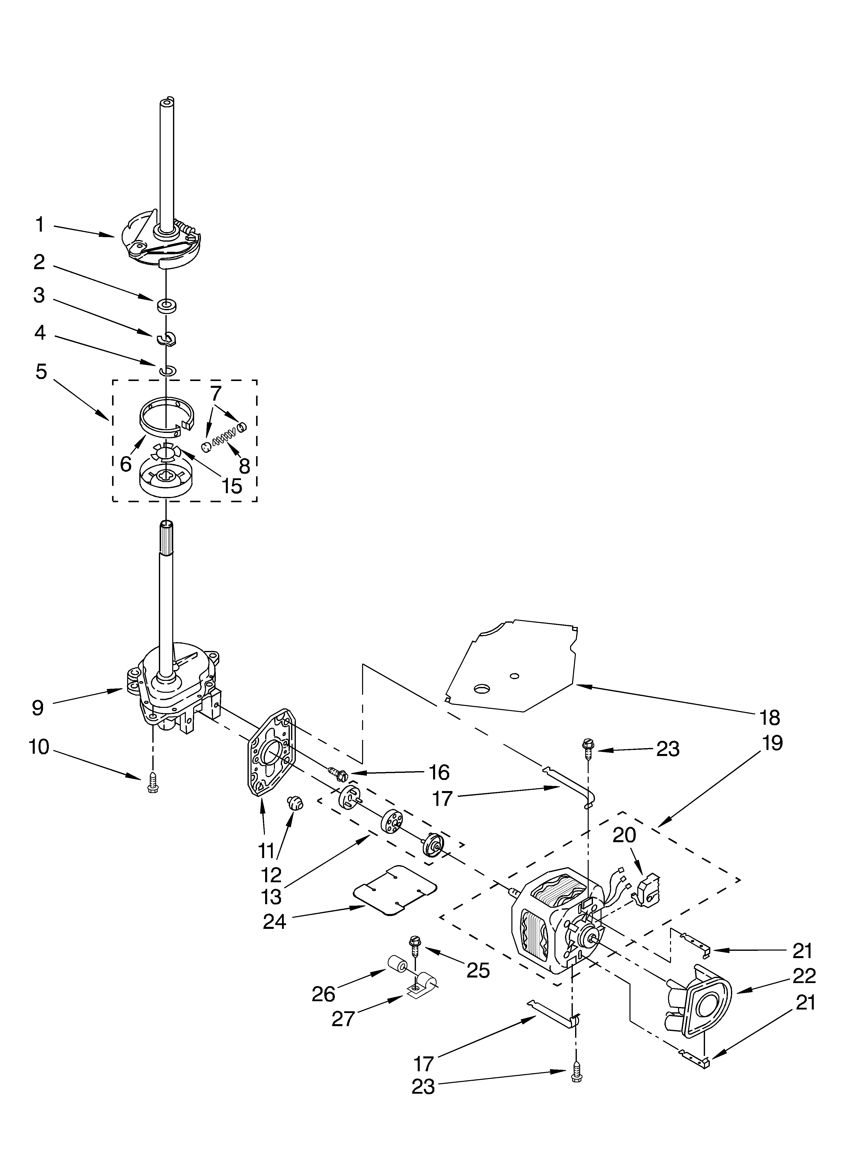 Whirlpool 6ALSC8255JQ2 brake, clutch, gearcase, motor and pump parts diagram