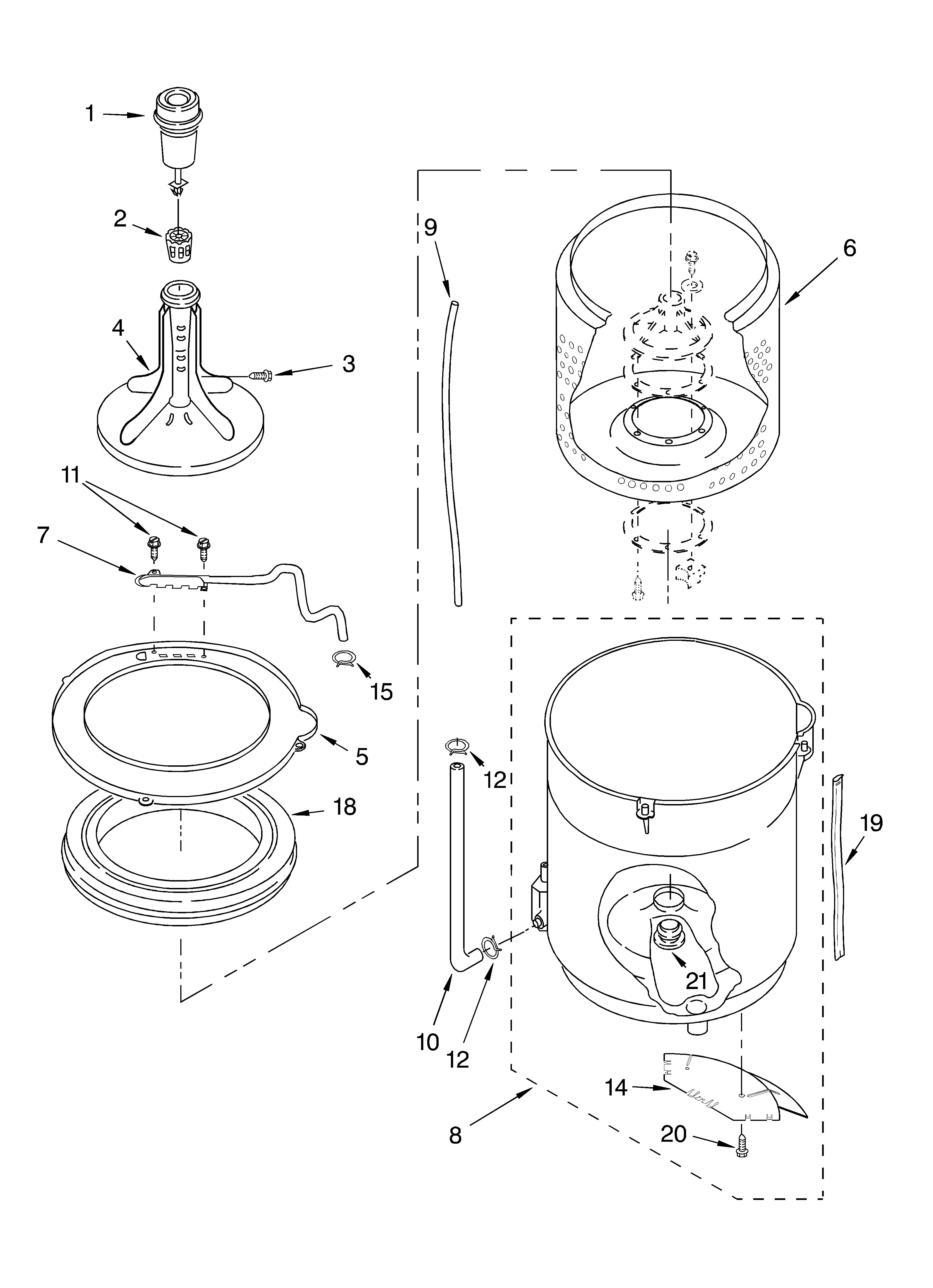 Crosley CAWC529JQ1 agitator, basket and tub parts diagram