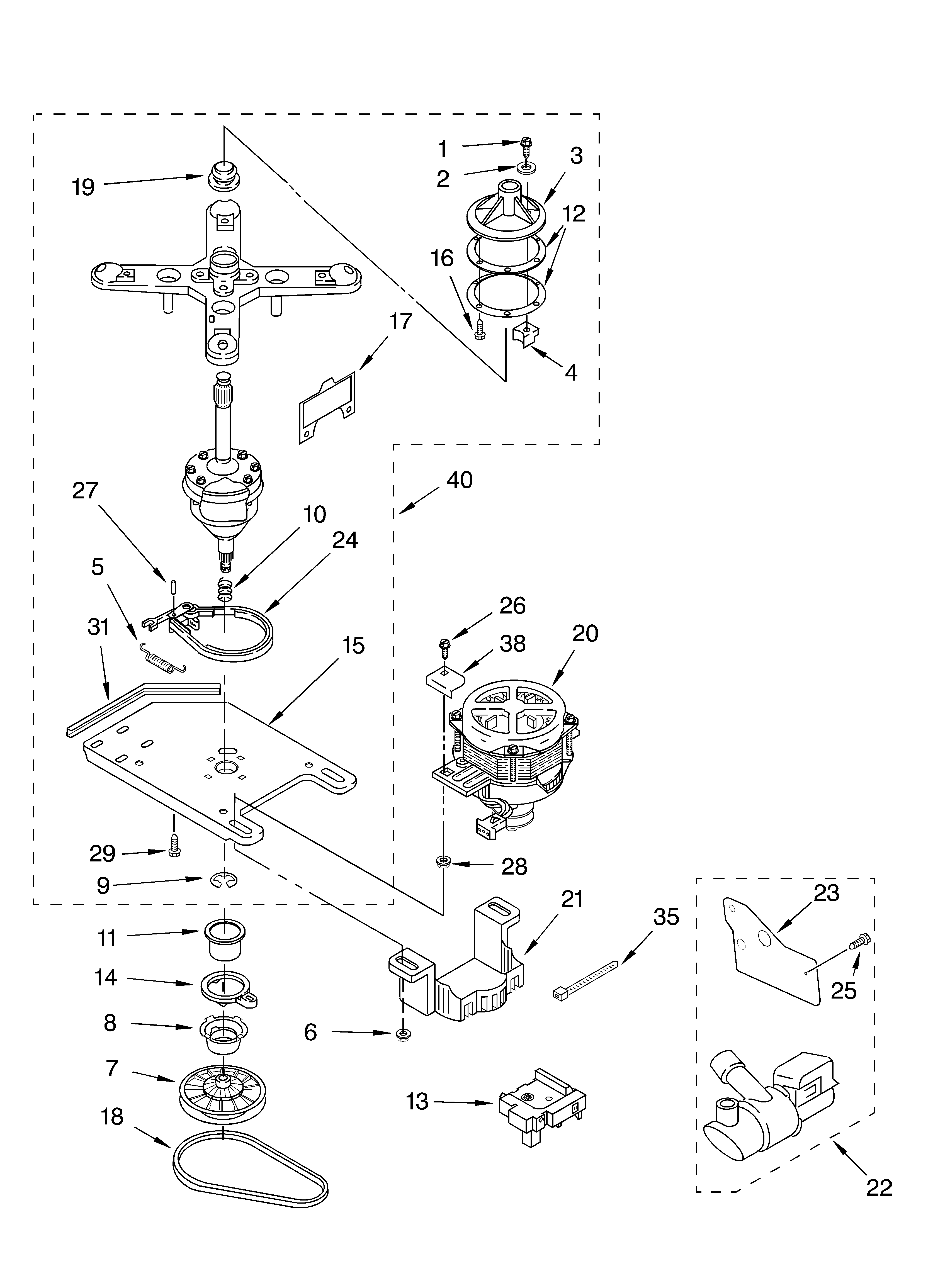 Crosley CAWC529JQ1 transmission, motor, and pump parts diagram