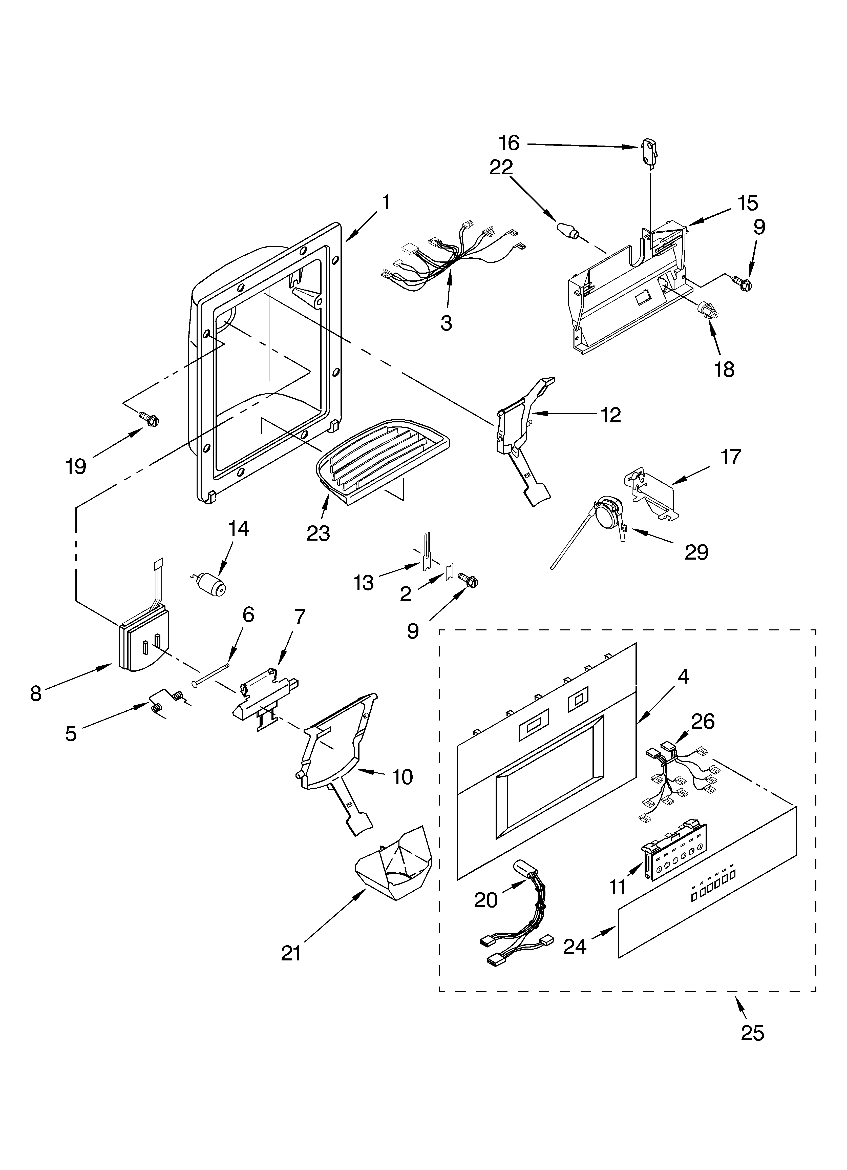 KitchenAid KSSC42QMU00 dispenser and front parts diagram