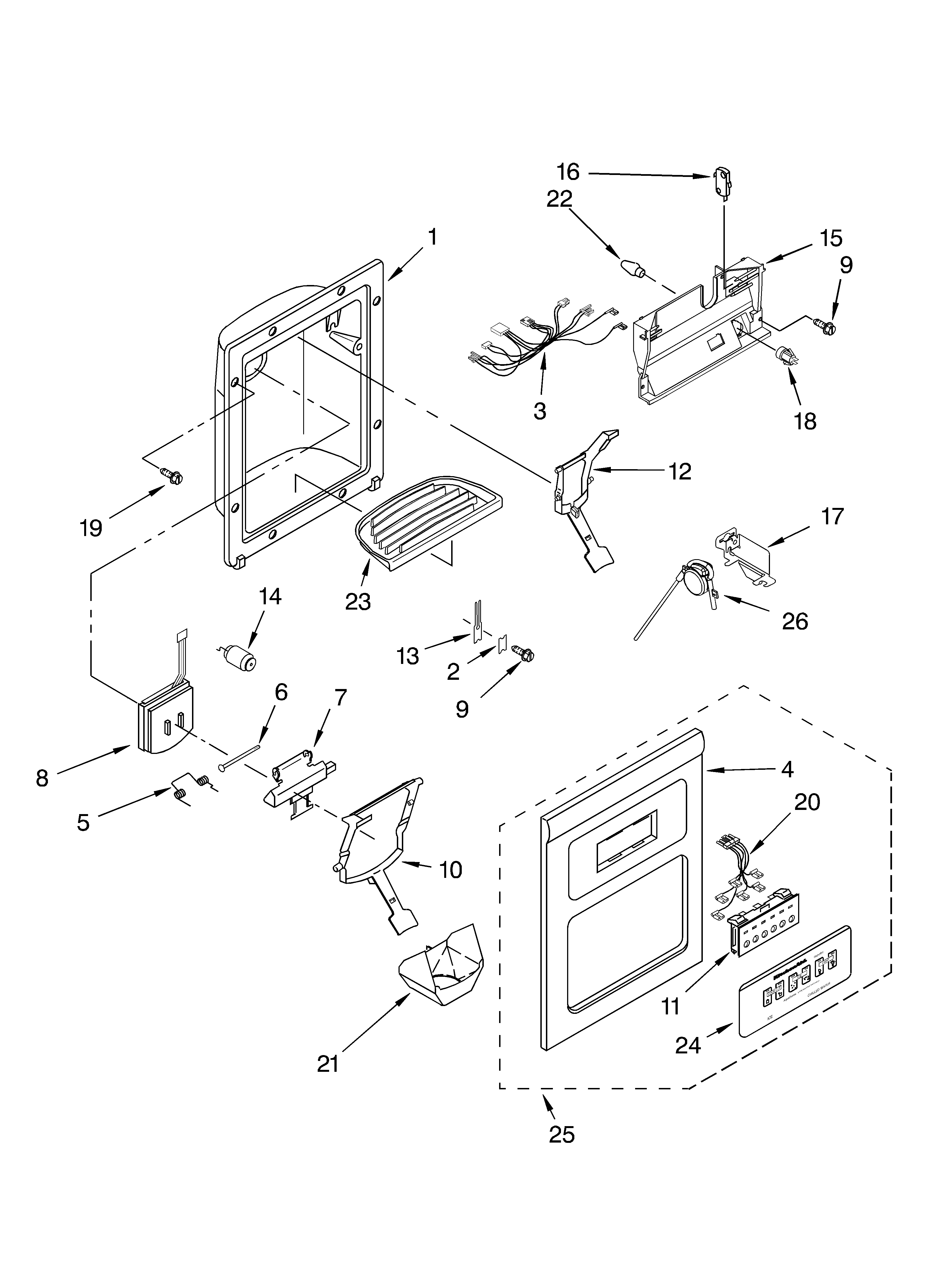 KitchenAid KSSC48QMS00 dispenser and front parts diagram
