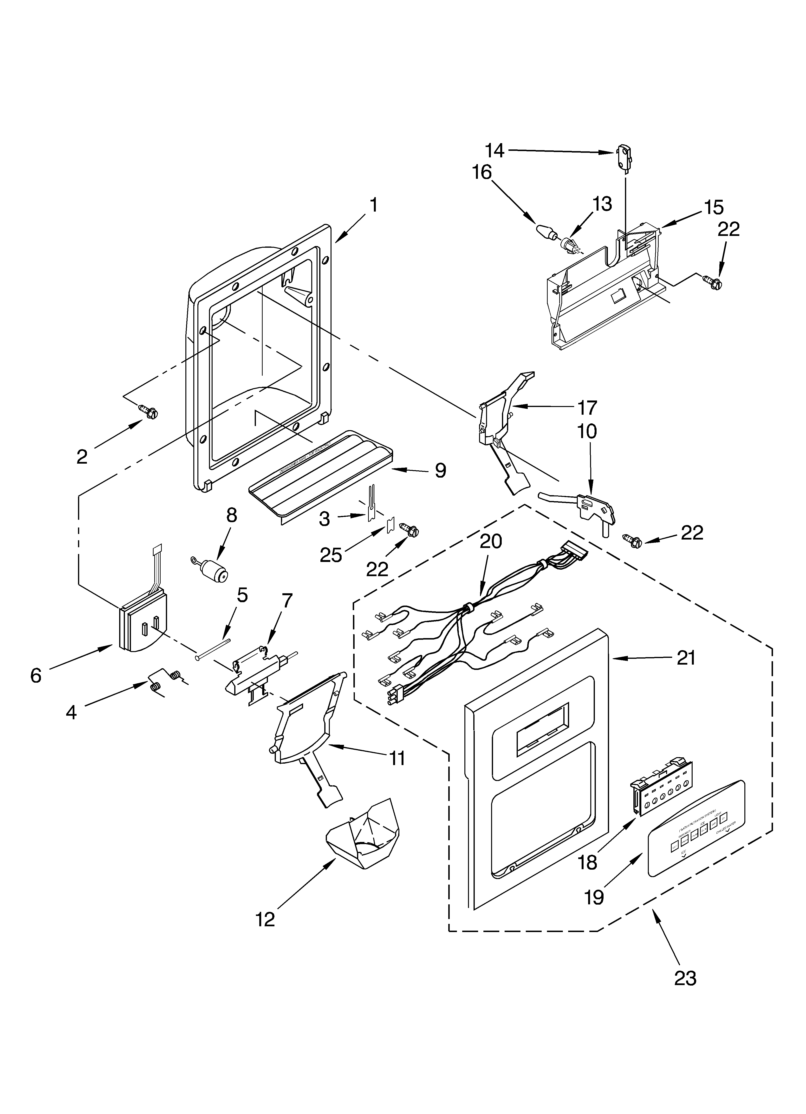 KitchenAid KSRJ25IMST00 dispenser front parts diagram
