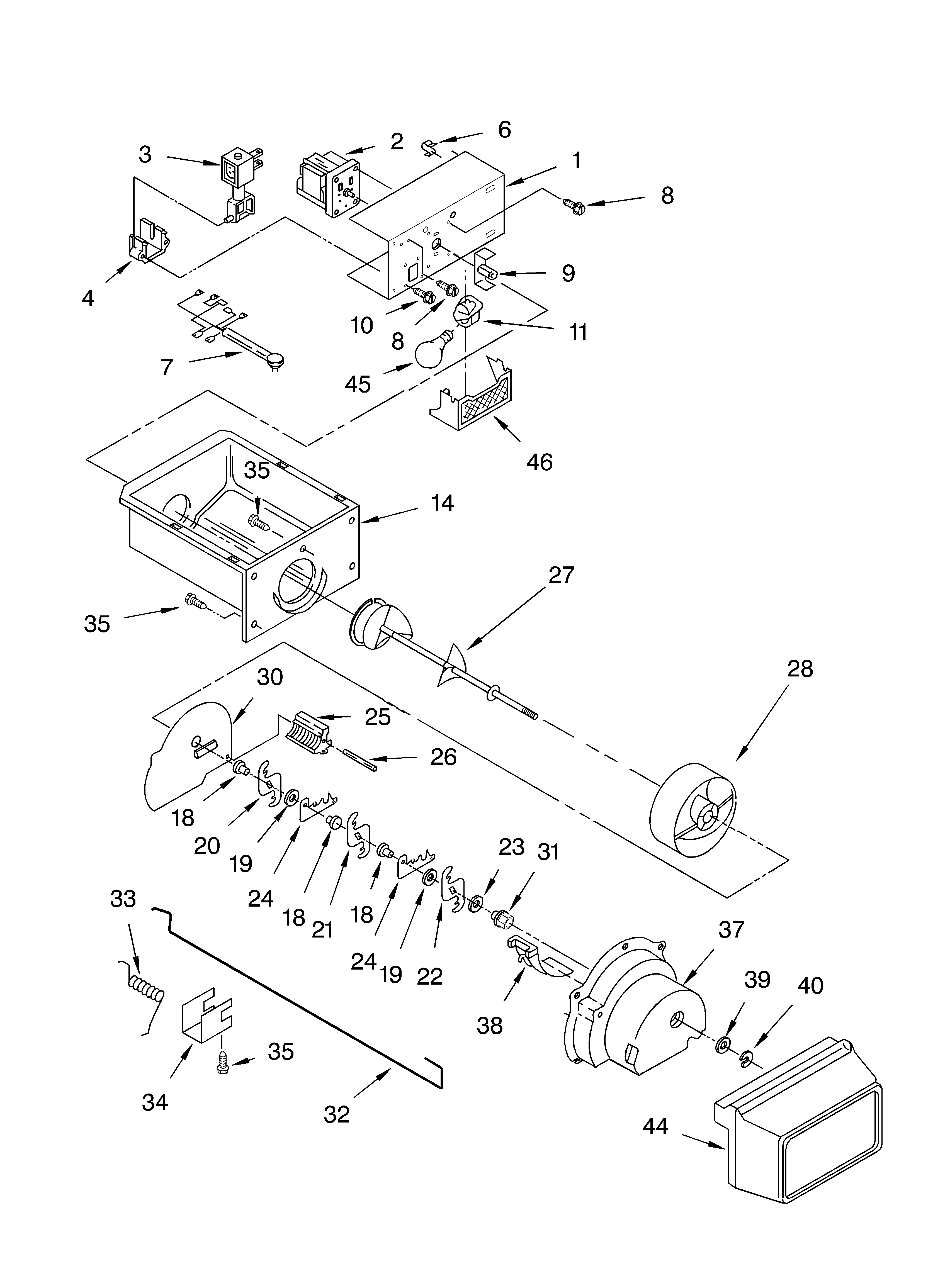 Whirlpool GD5THGXKS03 motor and ice container parts diagram