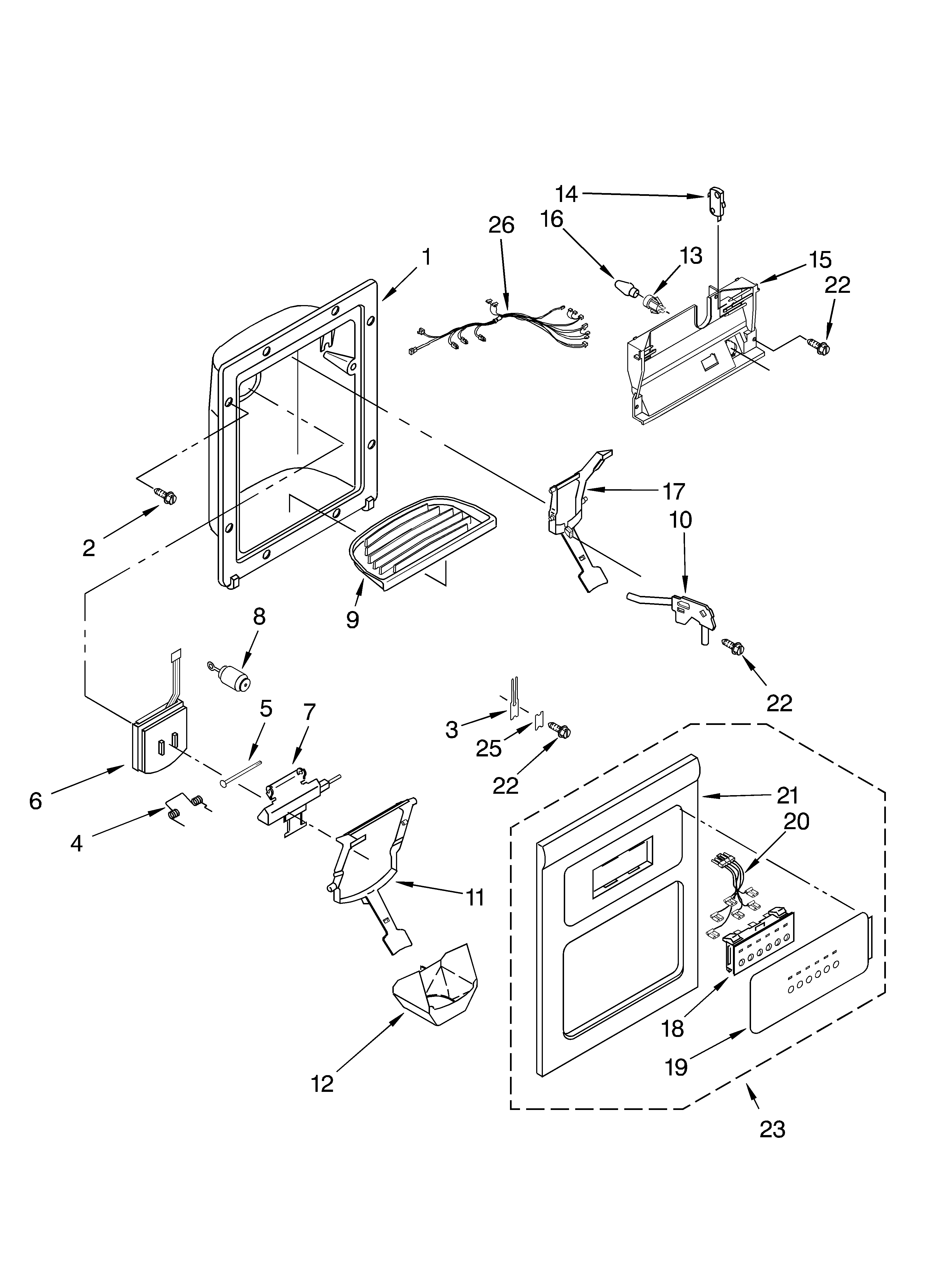 KitchenAid KSCS25FKBL02 dispenser front parts diagram