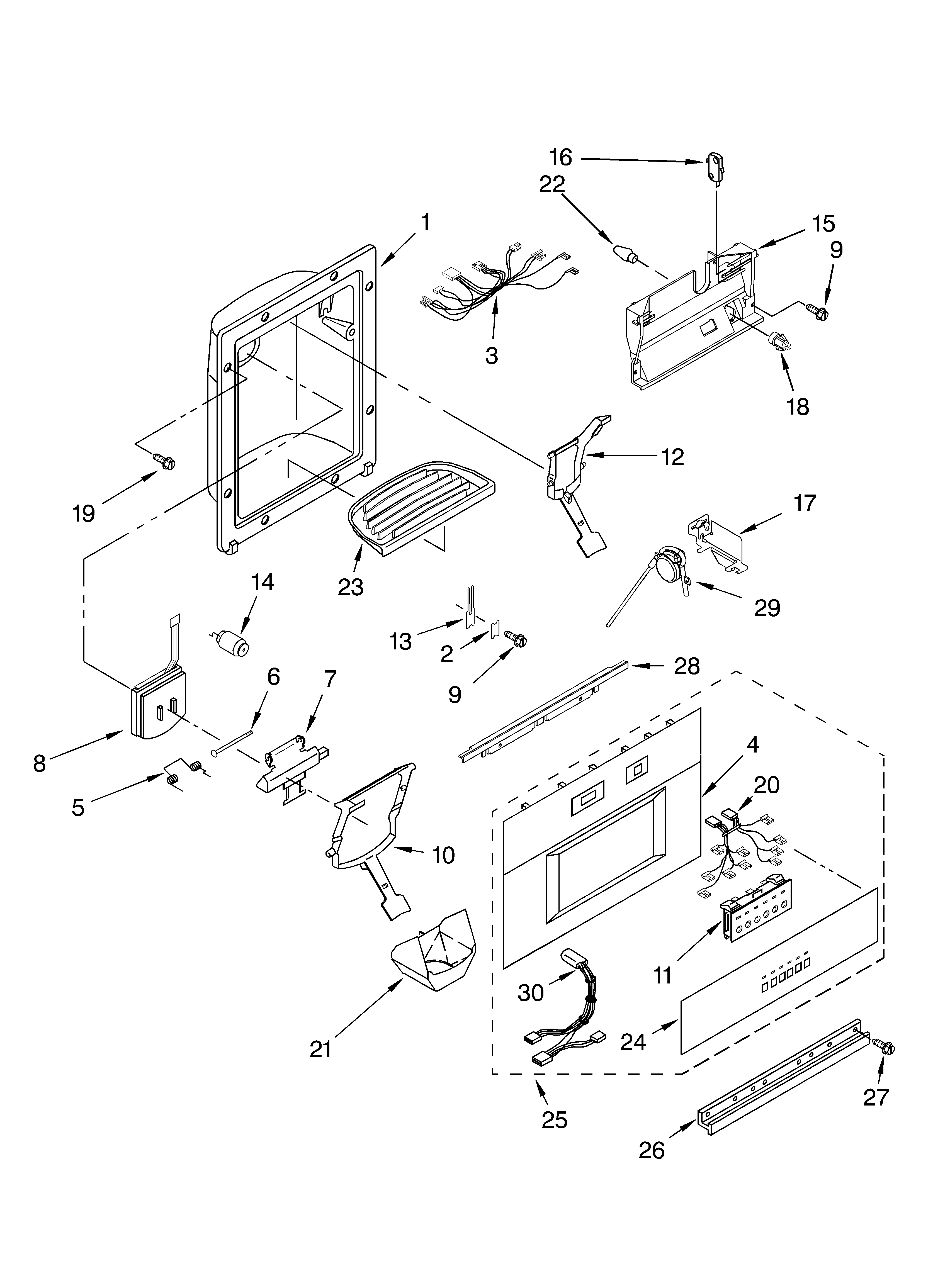 KitchenAid KSSP48QMS00 dispenser and front parts diagram