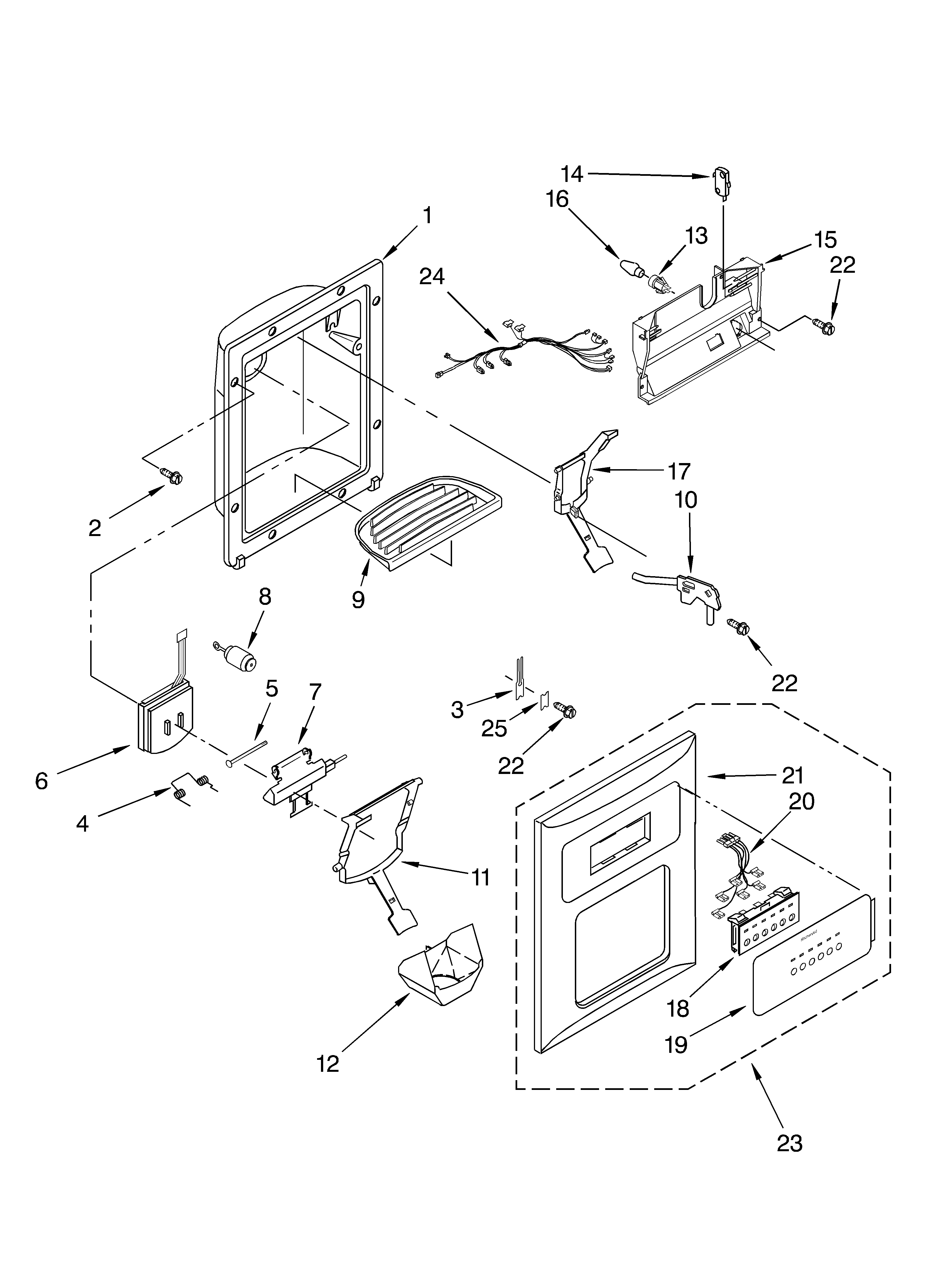 KitchenAid KSBS25FKSS02 dispenser front parts diagram