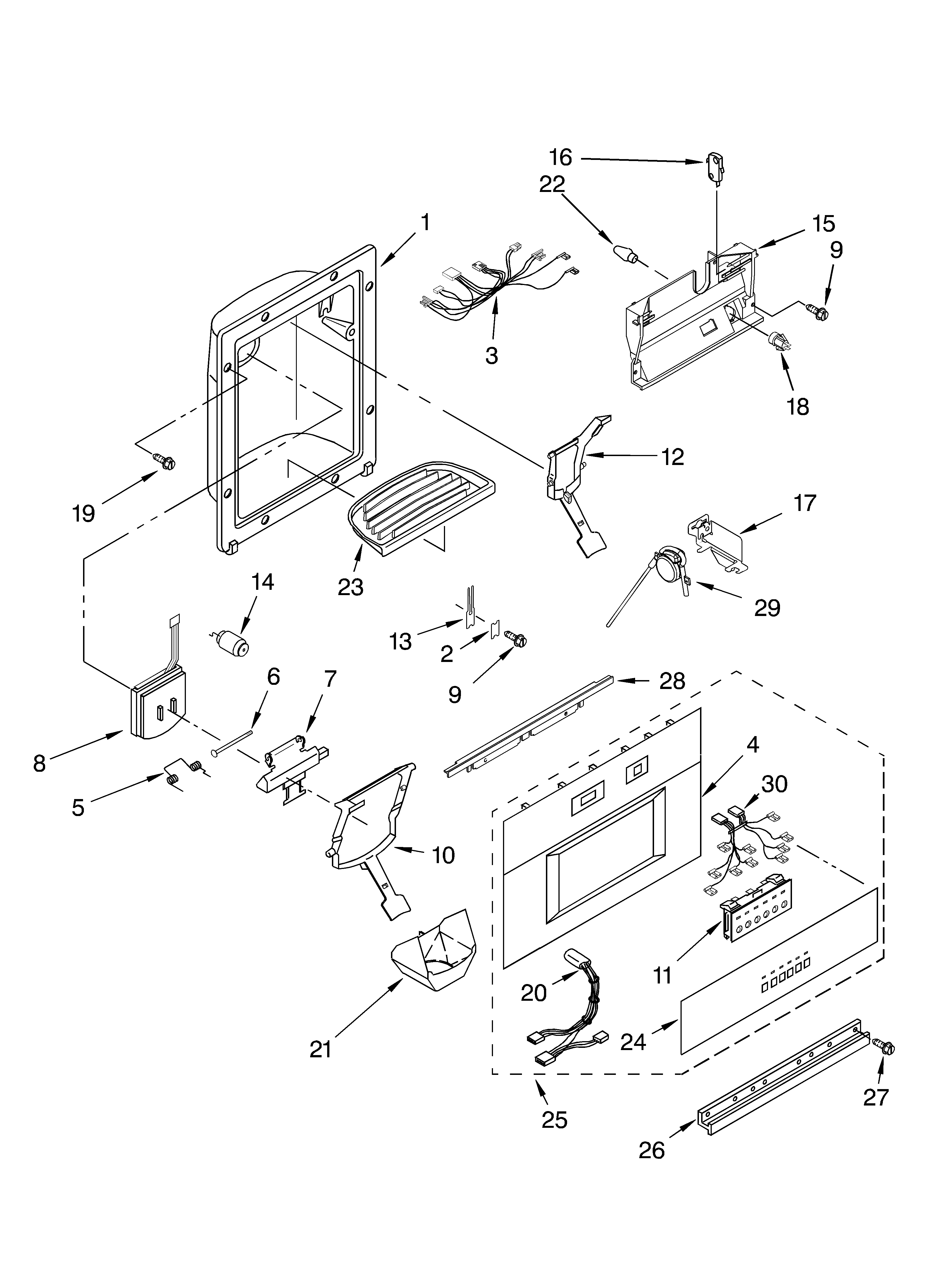 KitchenAid KSSO48QMB00 dispenser and front parts diagram