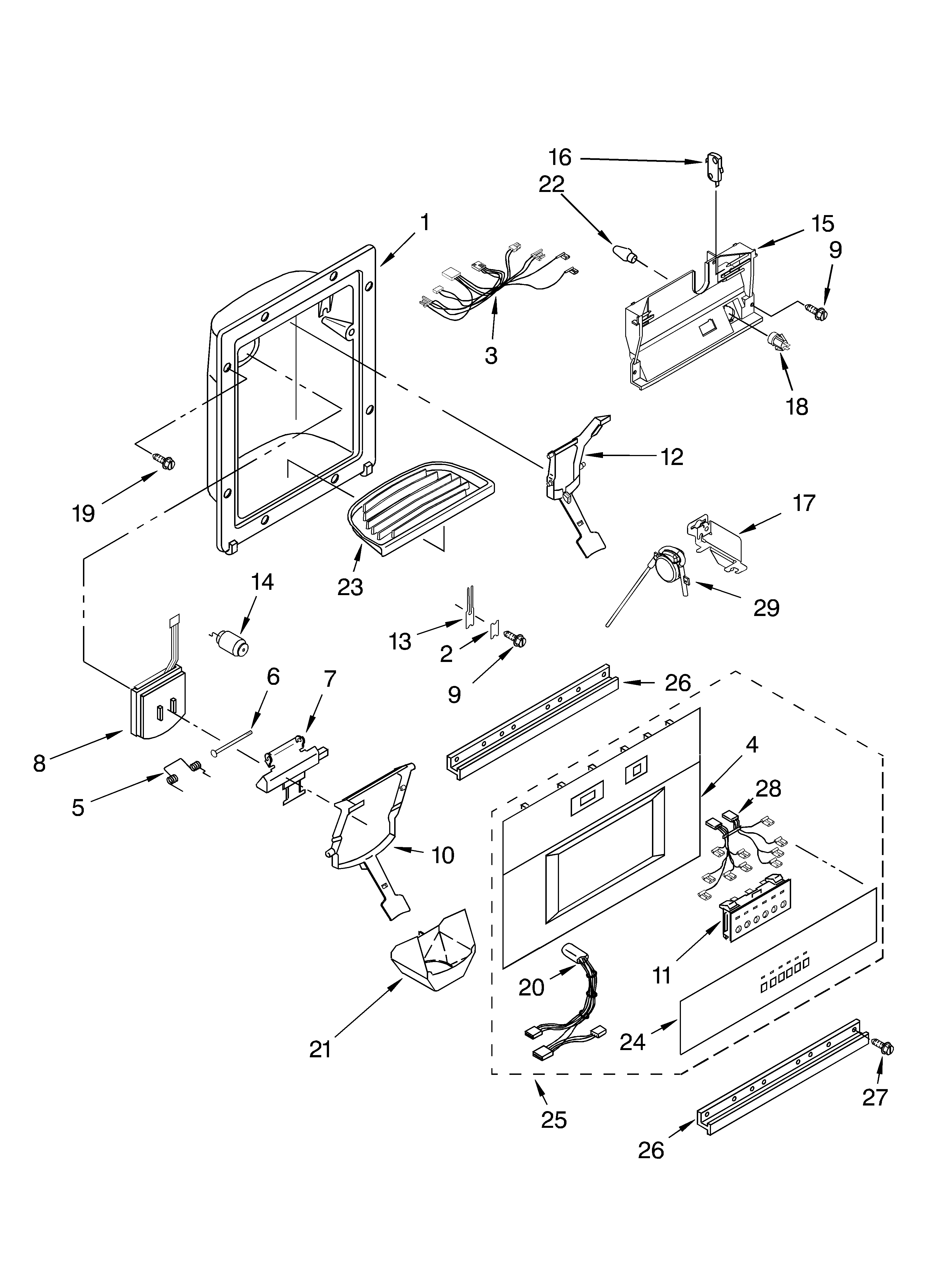 KitchenAid KSSP36QMS00 dispenser and front parts diagram