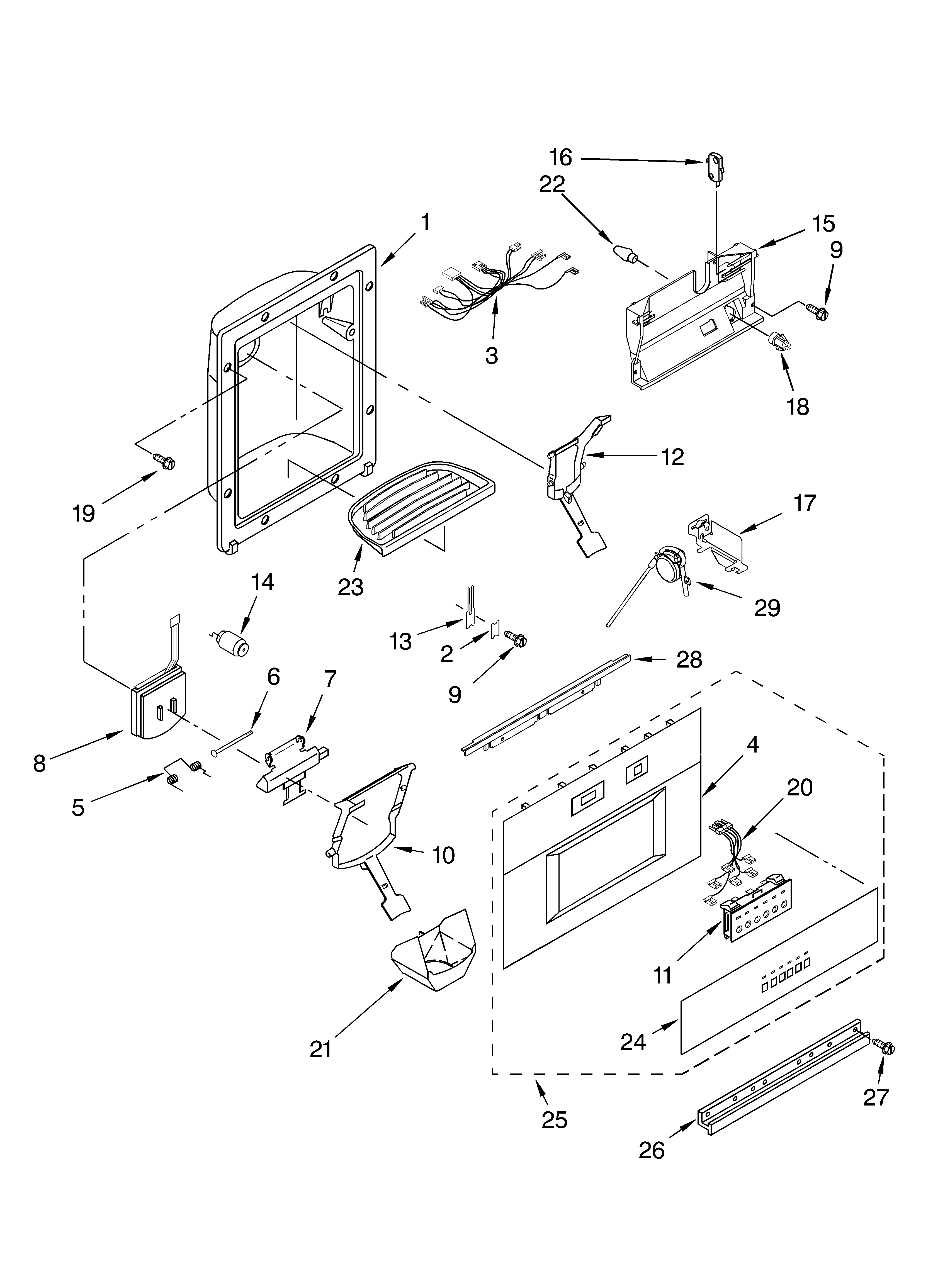 KitchenAid KSSP42QMS00 dispenser and front parts diagram