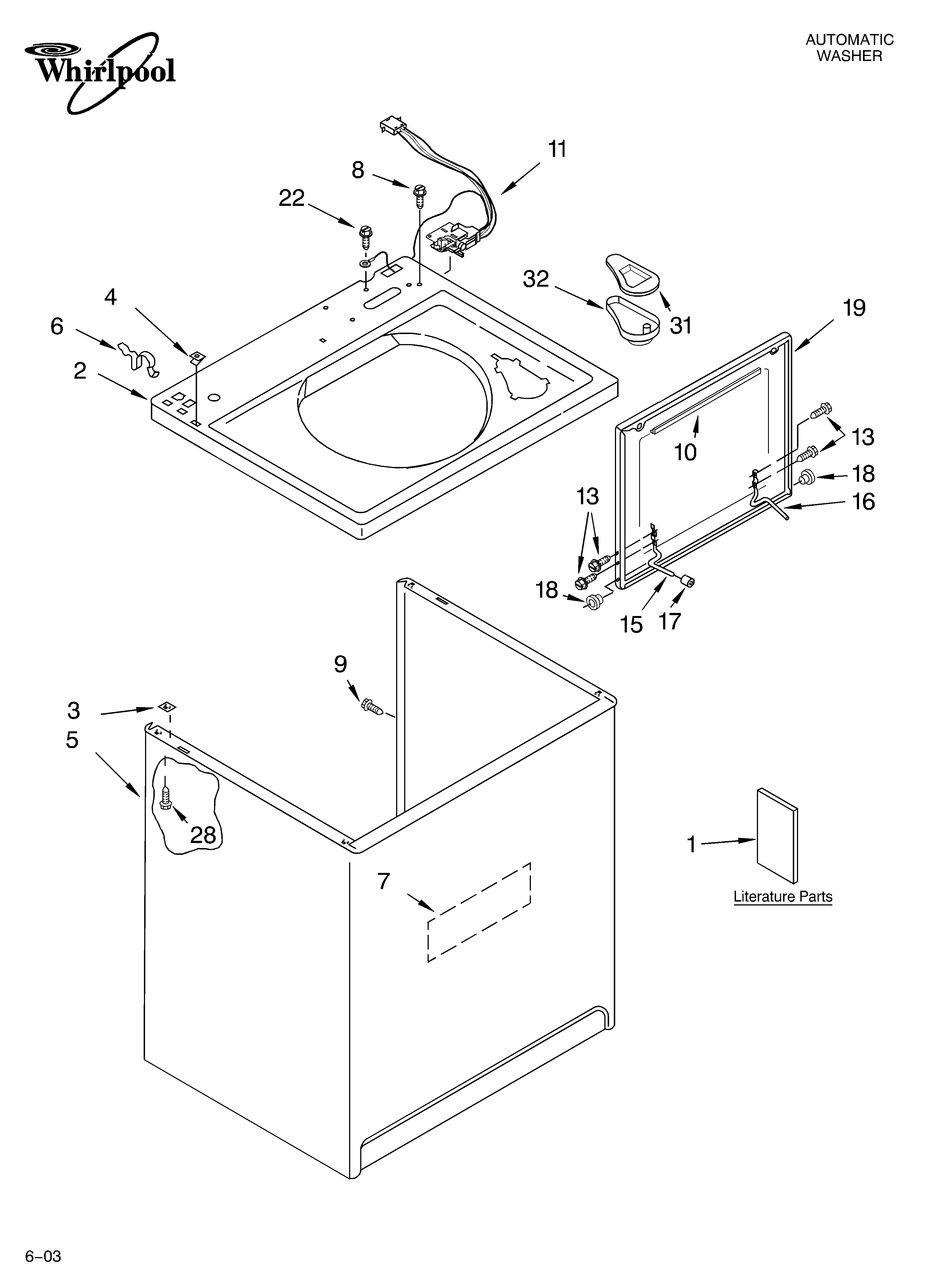 Whirlpool LSQ9010LW1 top and cabinet parts diagram