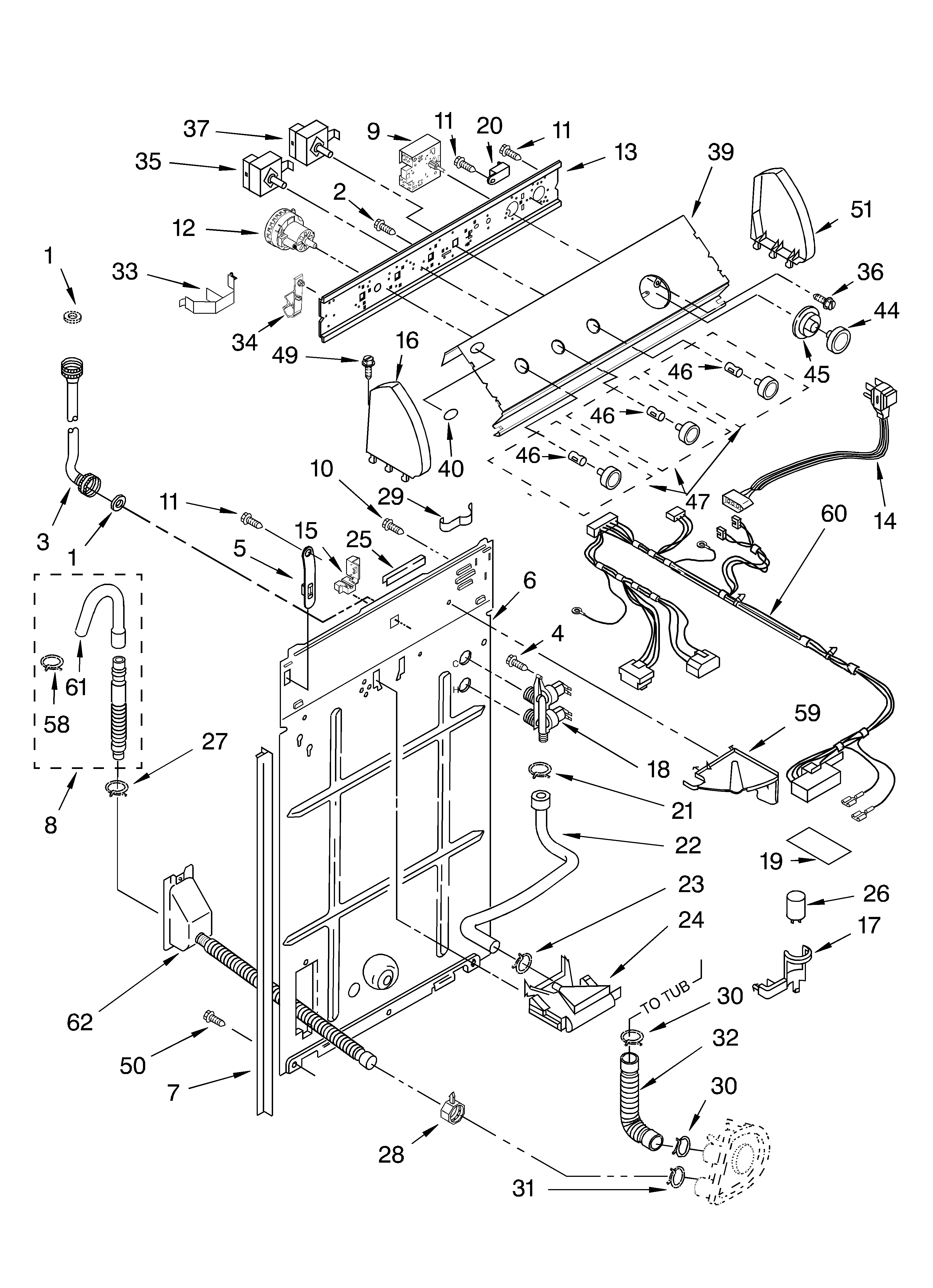 Whirlpool LSQ9010LW1 controls and rear panel parts diagram