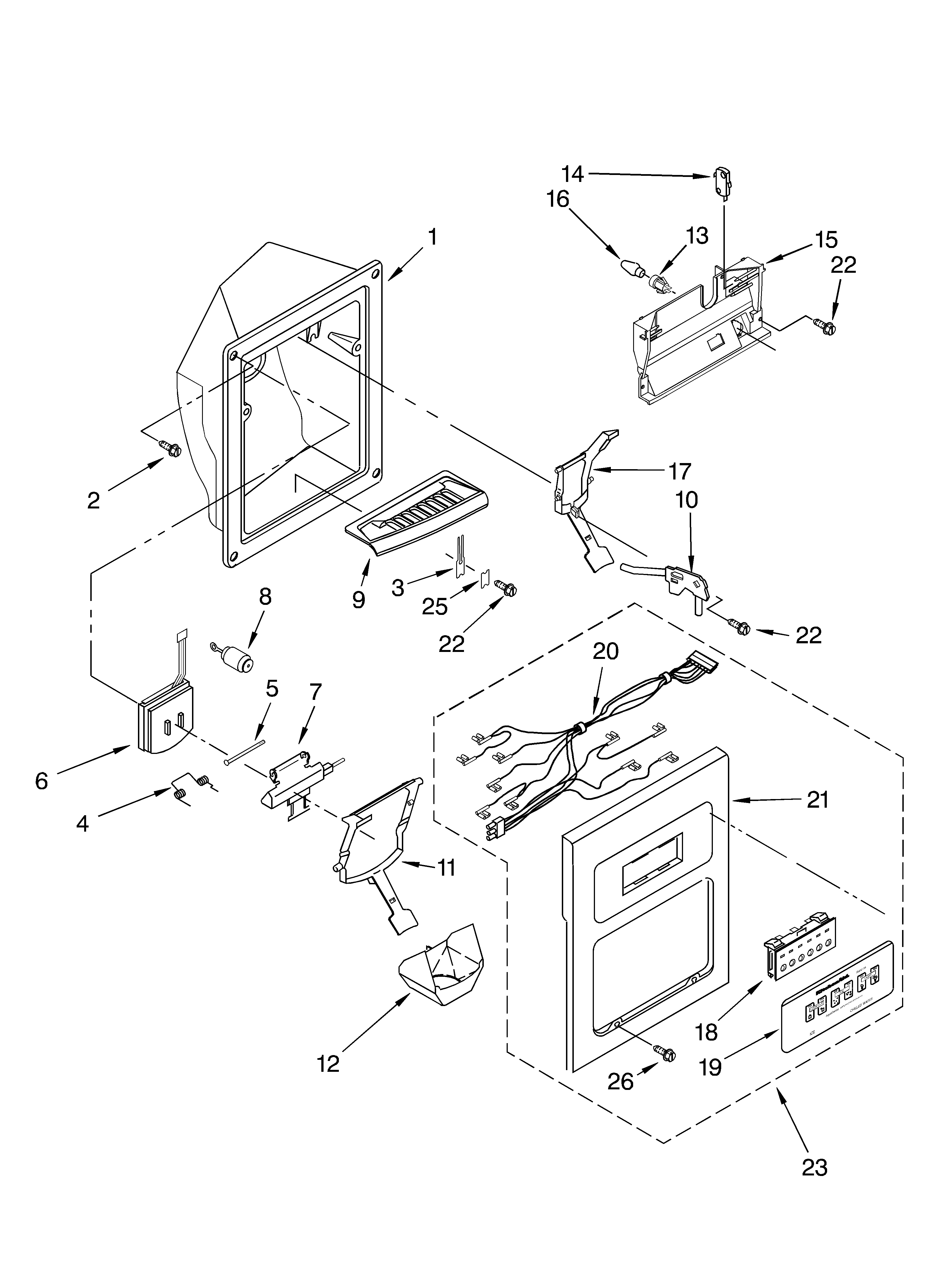 KitchenAid KSRA22ILWH03 dispenser front parts diagram