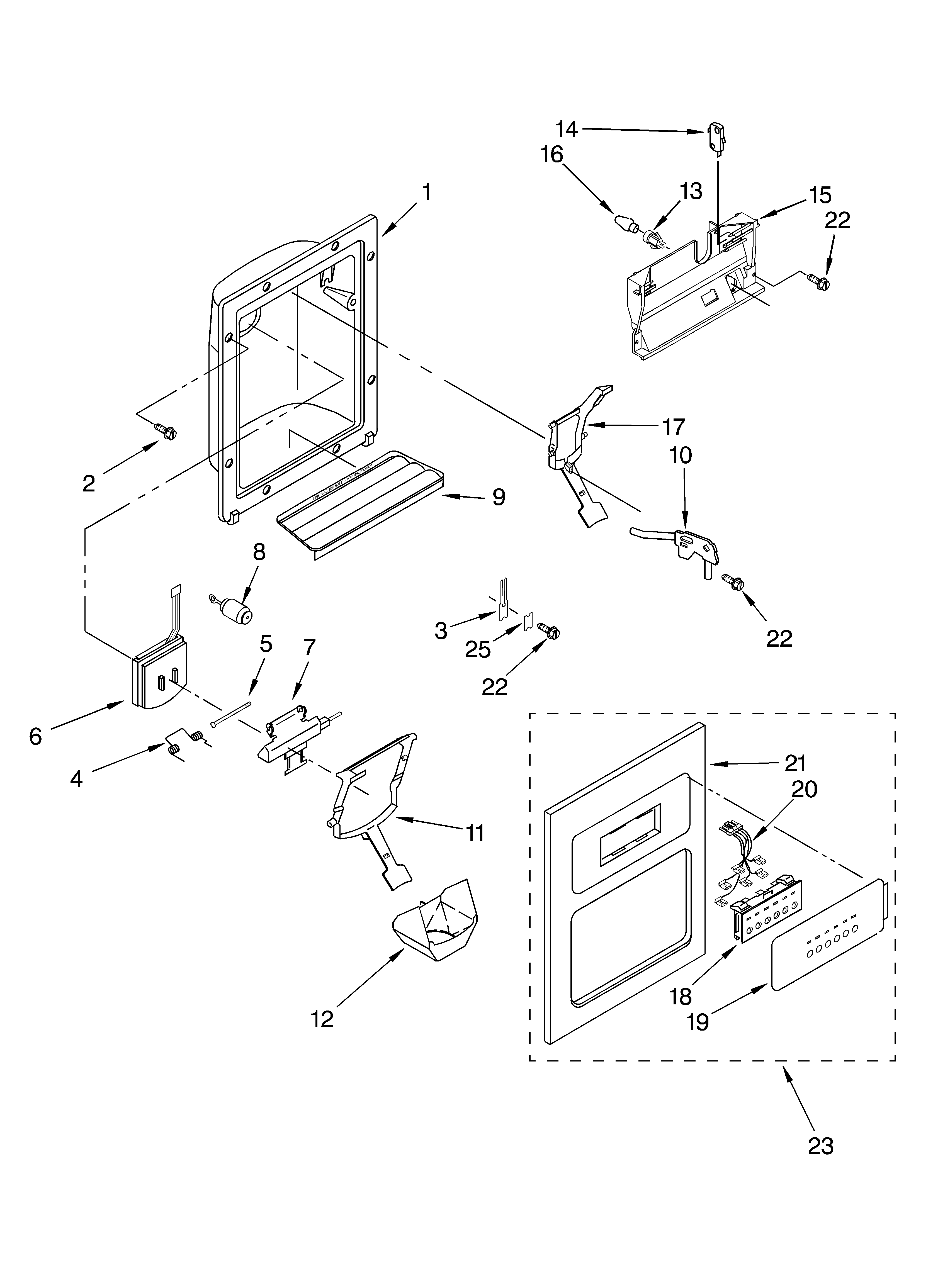 KitchenAid KSRD25FKBL04 dispenser front parts diagram