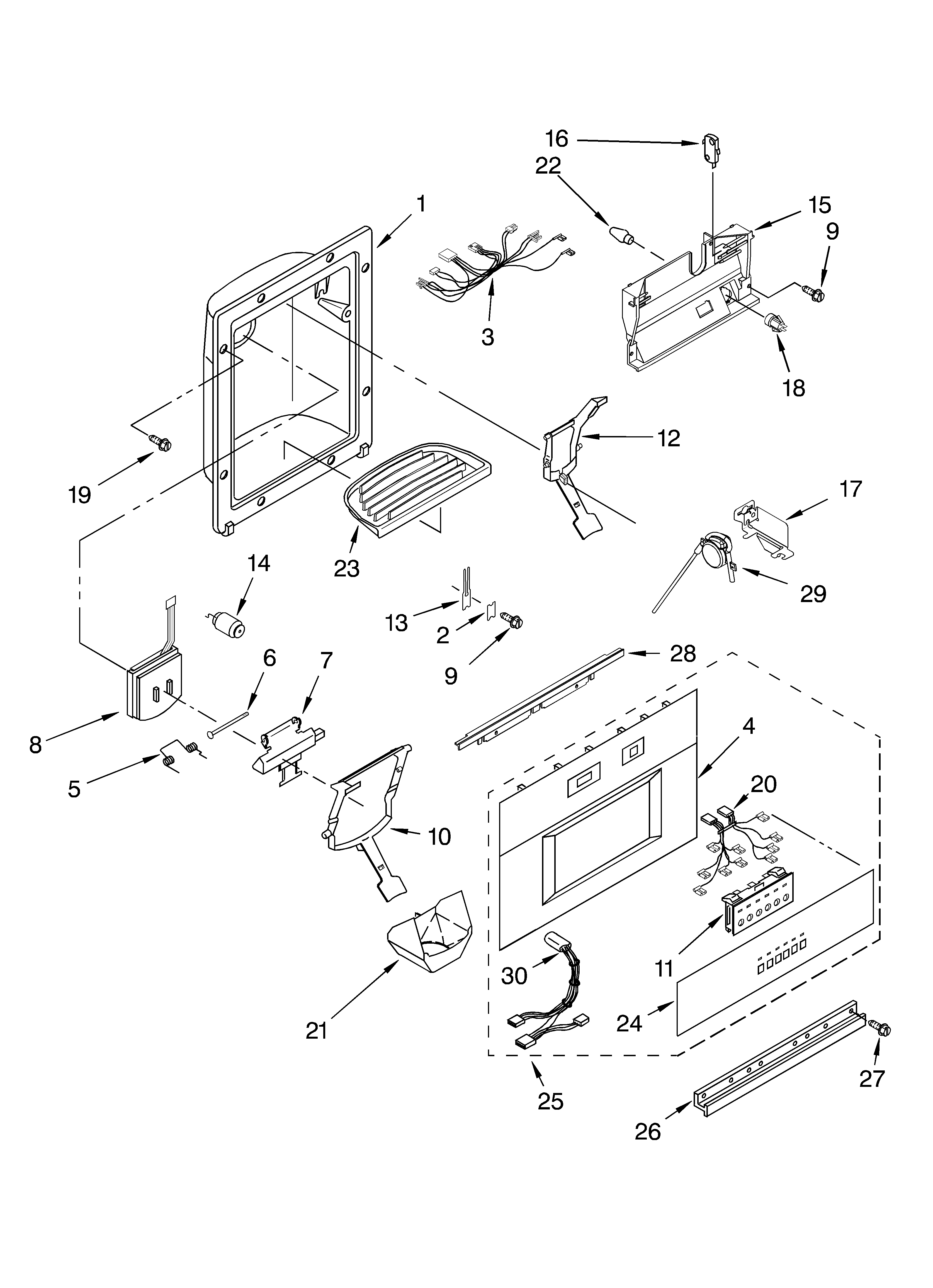KitchenAid KSSS42QMB00 dispenser and front parts diagram