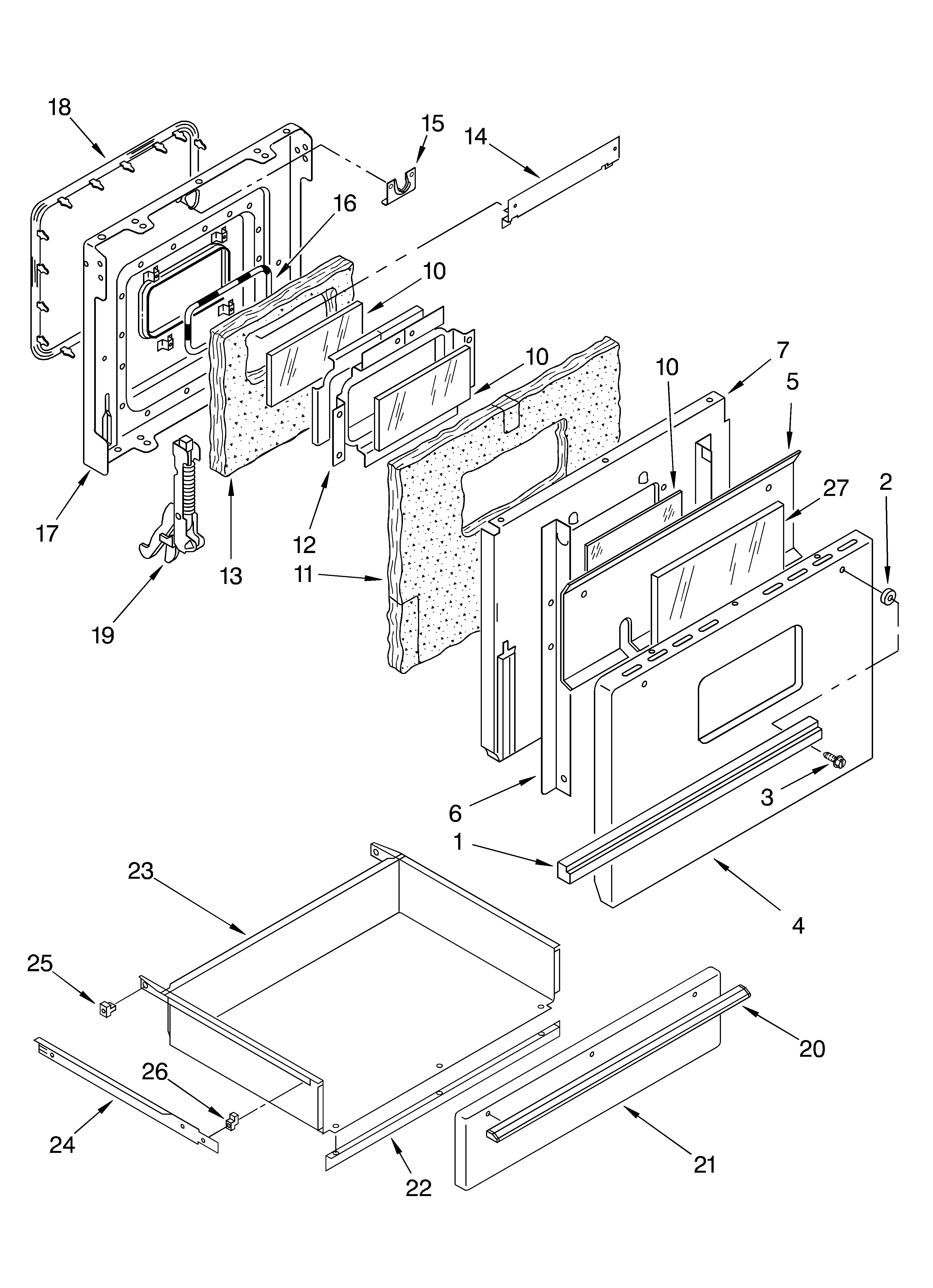 Whirlpool RF4700XEW8 oven door and drawer parts diagram