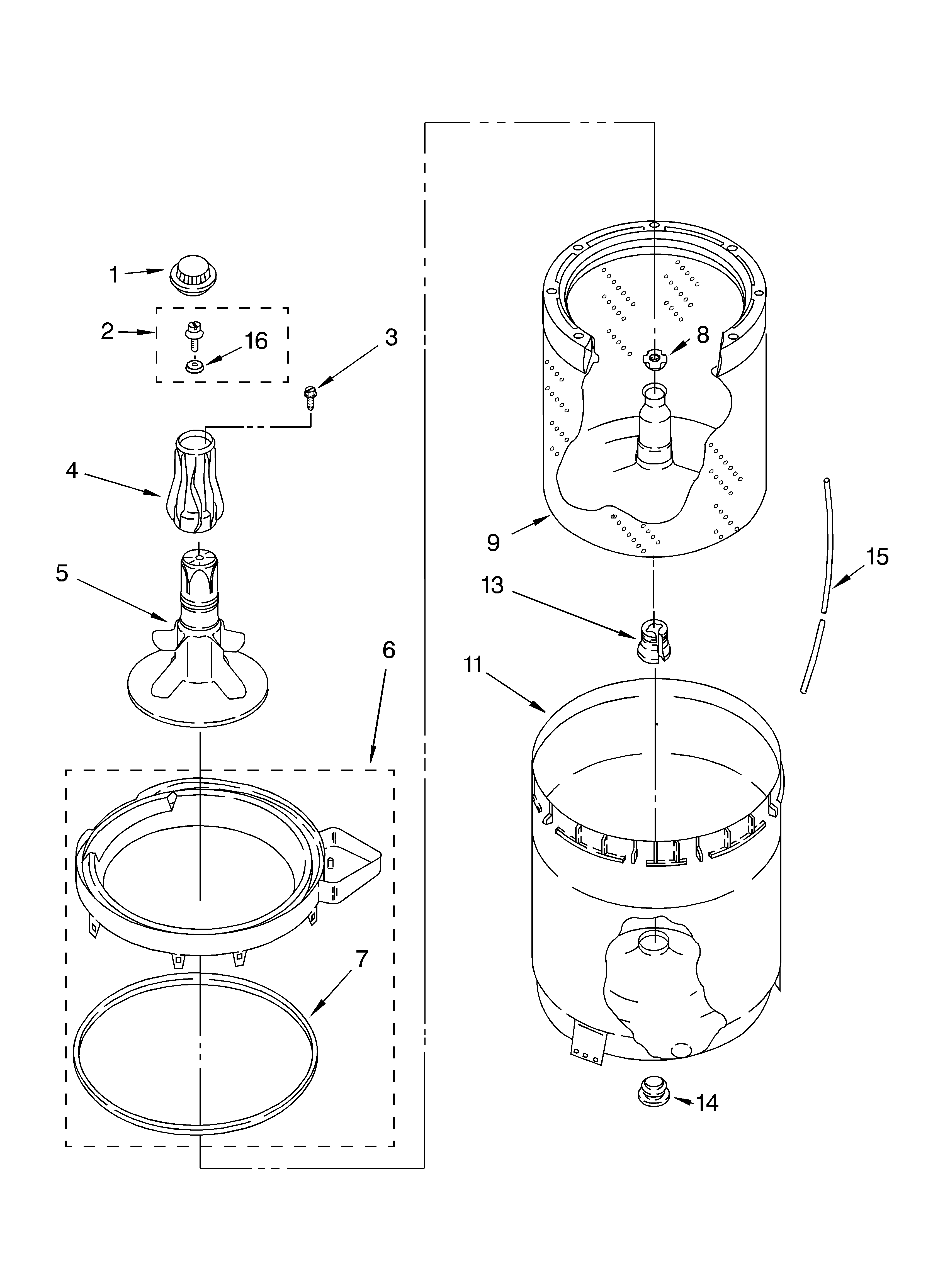 Whirlpool 7MLSR7103MQ0 agitator, basket and tub parts diagram
