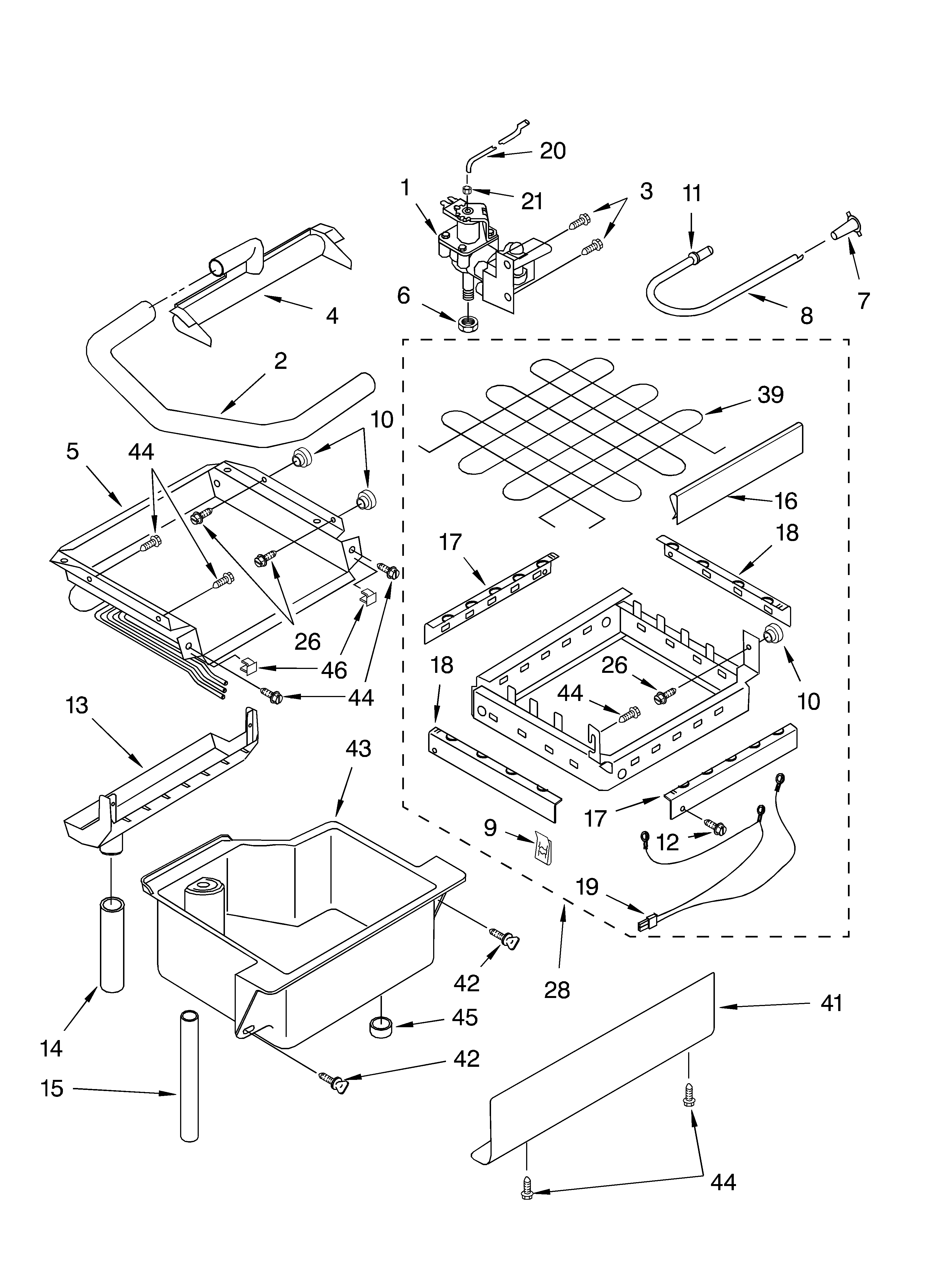 Whirlpool GI1500PHB5 evaporator ice cutter grid and water parts diagram