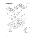 KitchenAid KGCS105GWH4 cooktop, burner and grate parts diagram
